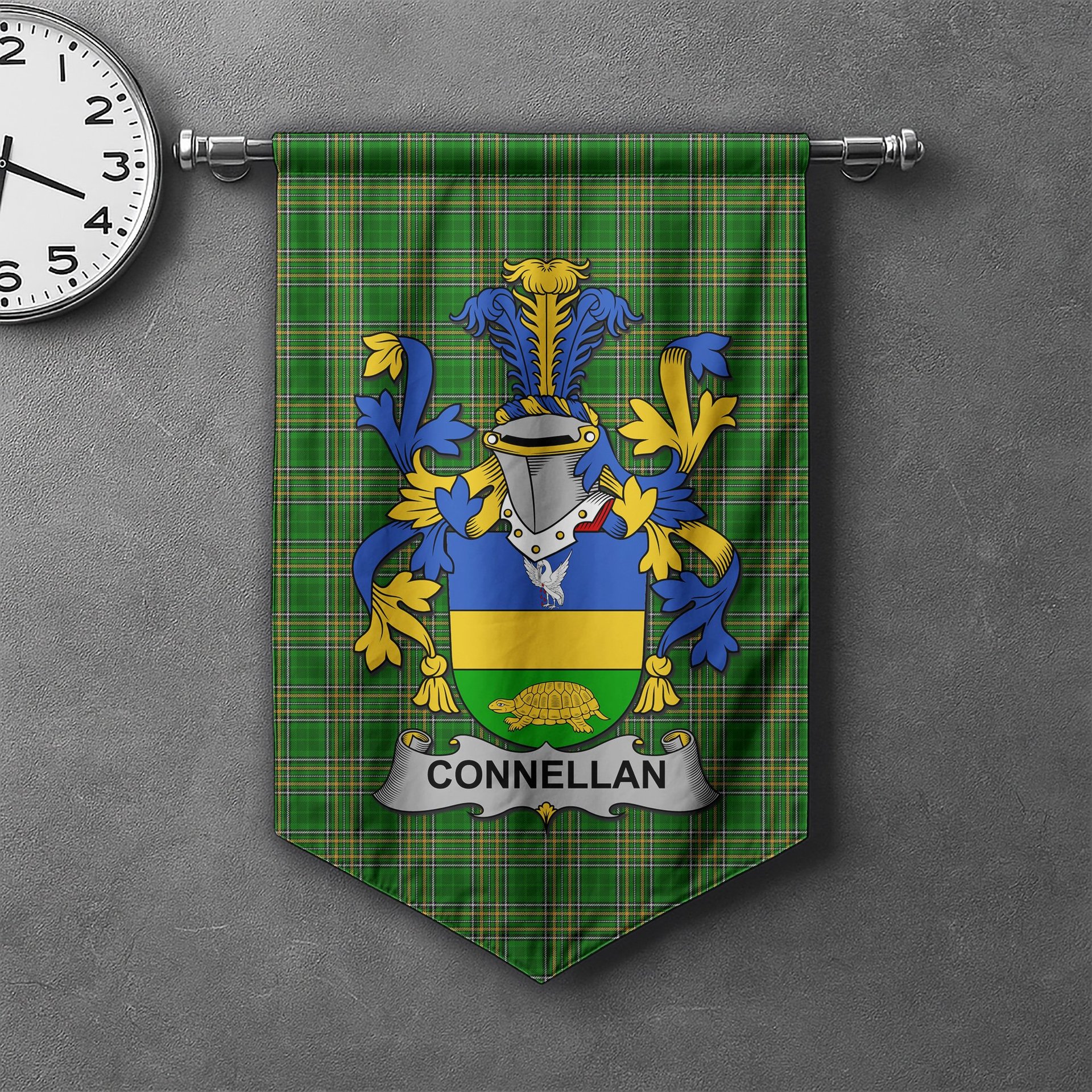 ScotsTee Shop Irish Connellan or O'Connellan Clan Coat of Arms Irish Tartan Gonfalon Flag