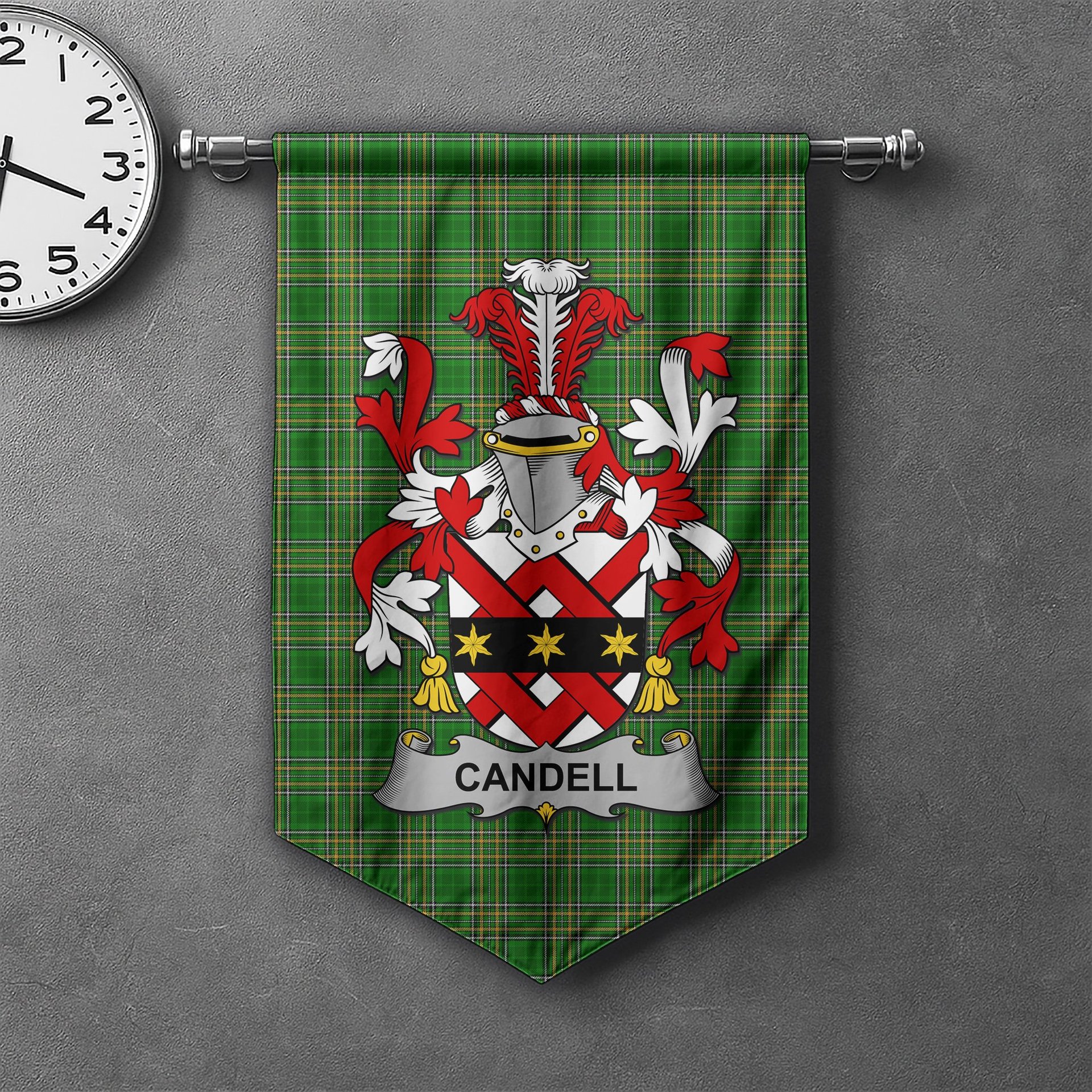 ScotsTee Shop Irish Candell Clan Coat of Arms Irish Tartan Gonfalon Flag