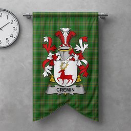 ScotsTee Shop Irish Cremin or O'Cremin Clan Coat of Arms Irish Tartan Gonfalon Flag