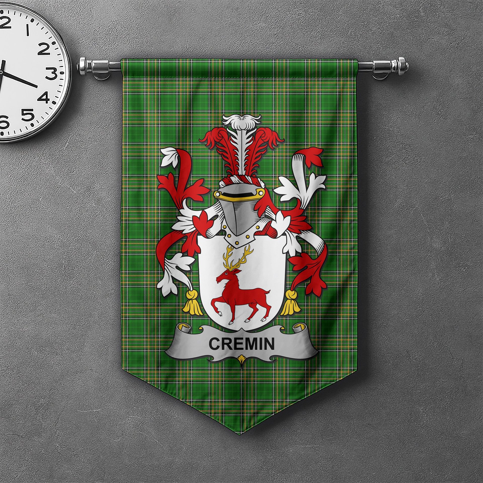 ScotsTee Shop Irish Cremin or O'Cremin Clan Coat of Arms Irish Tartan Gonfalon Flag