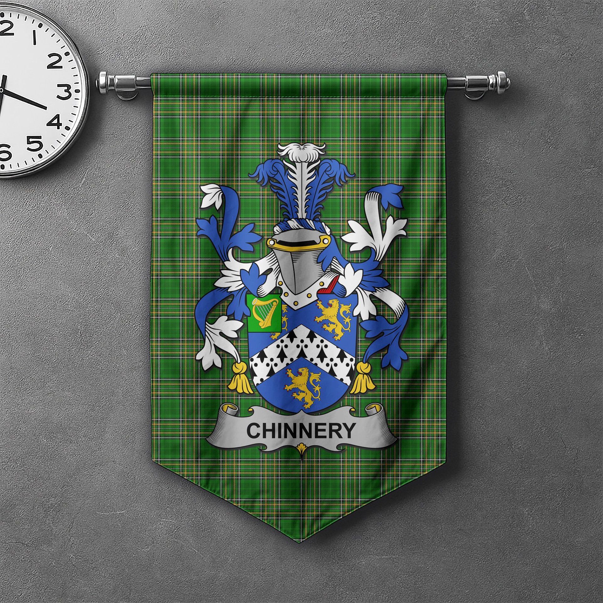 ScotsTee Shop Irish Chinnery Clan Coat of Arms Irish Tartan Gonfalon Flag