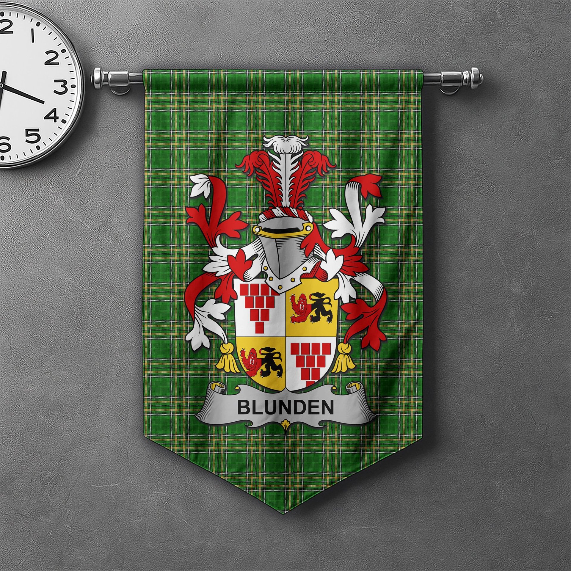 ScotsTee Shop Irish Blunden Clan Coat of Arms Irish Tartan Gonfalon Flag