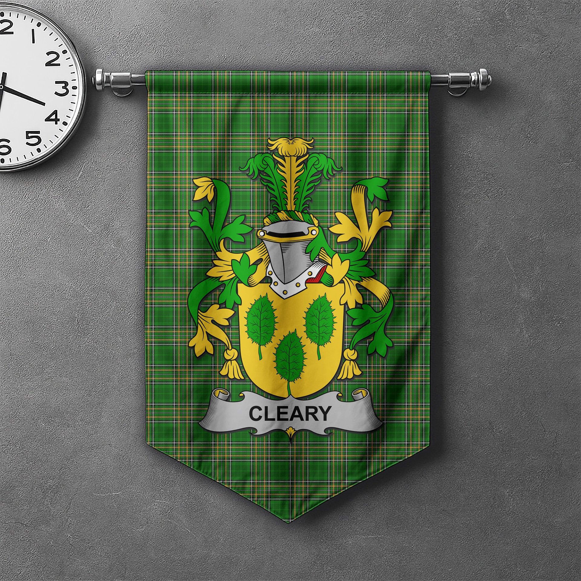 ScotsTee Shop Irish Cleary or O'Clery Clan Coat of Arms Irish Tartan Gonfalon Flag