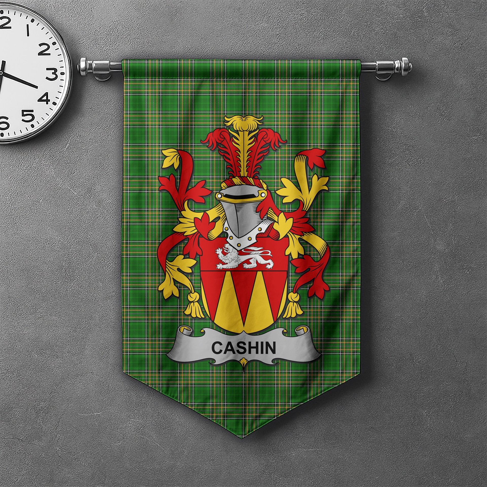 ScotsTee Shop Irish Cashin or McCashine Clan Coat of Arms Irish Tartan Gonfalon Flag