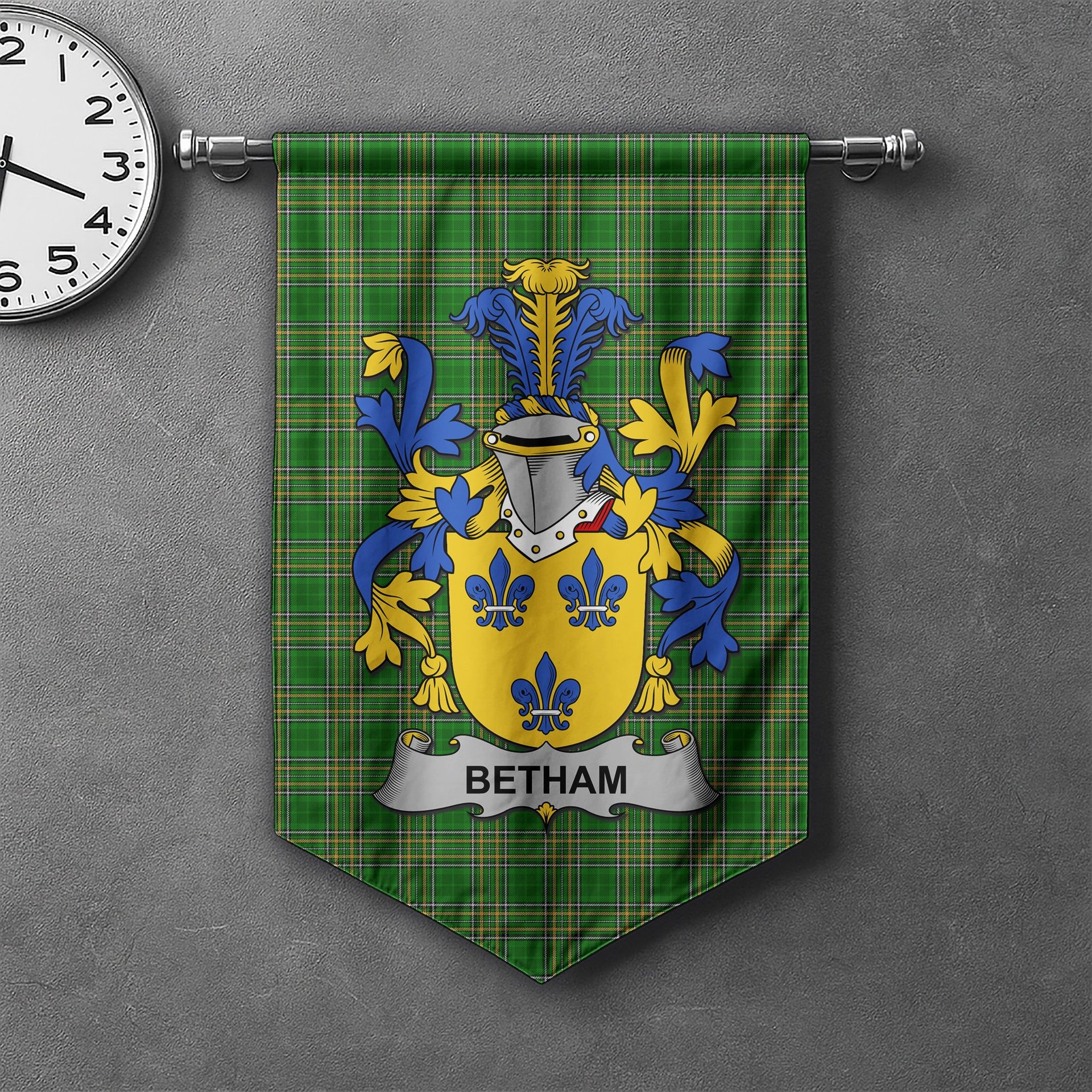 ScotsTee Shop Irish Betham Clan Coat of Arms Irish Tartan Gonfalon Flag