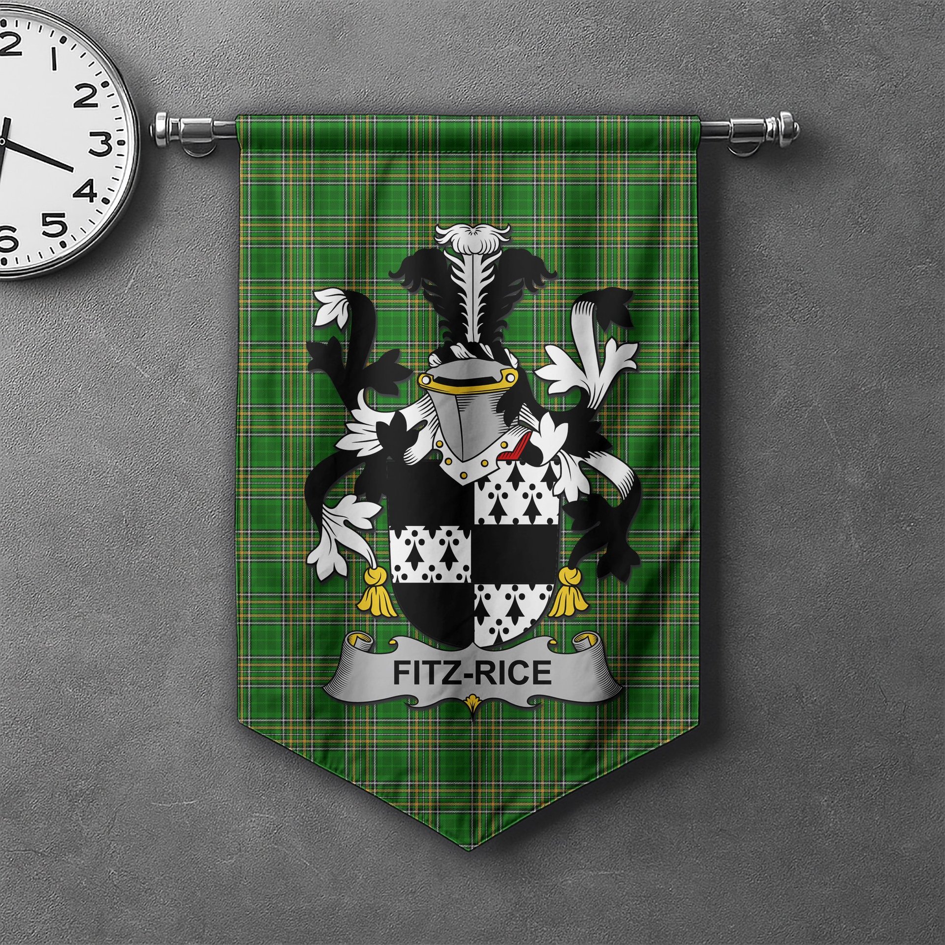 ScotsTee Shop Irish Fitz-Rice Clan Coat of Arms Irish Tartan Gonfalon Flag