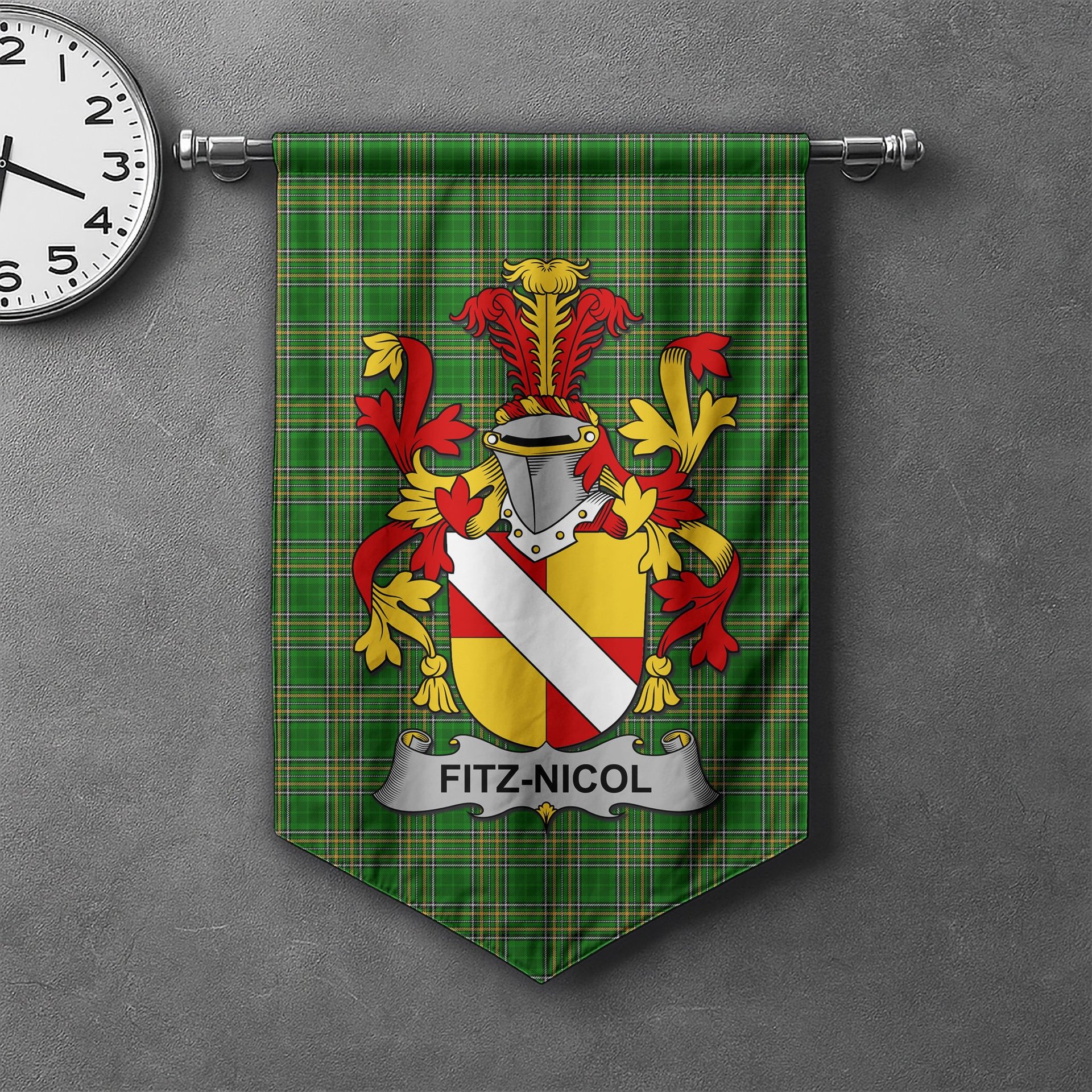 ScotsTee Shop Irish Fitz-Nicol Clan Coat of Arms Irish Tartan Gonfalon Flag