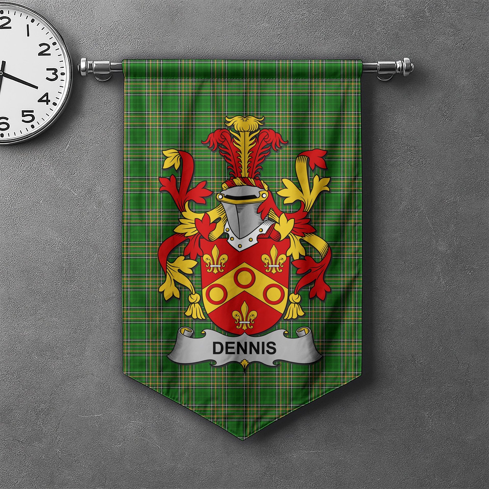 ScotsTee Shop Irish Dennis Clan Coat of Arms Irish Tartan Gonfalon Flag