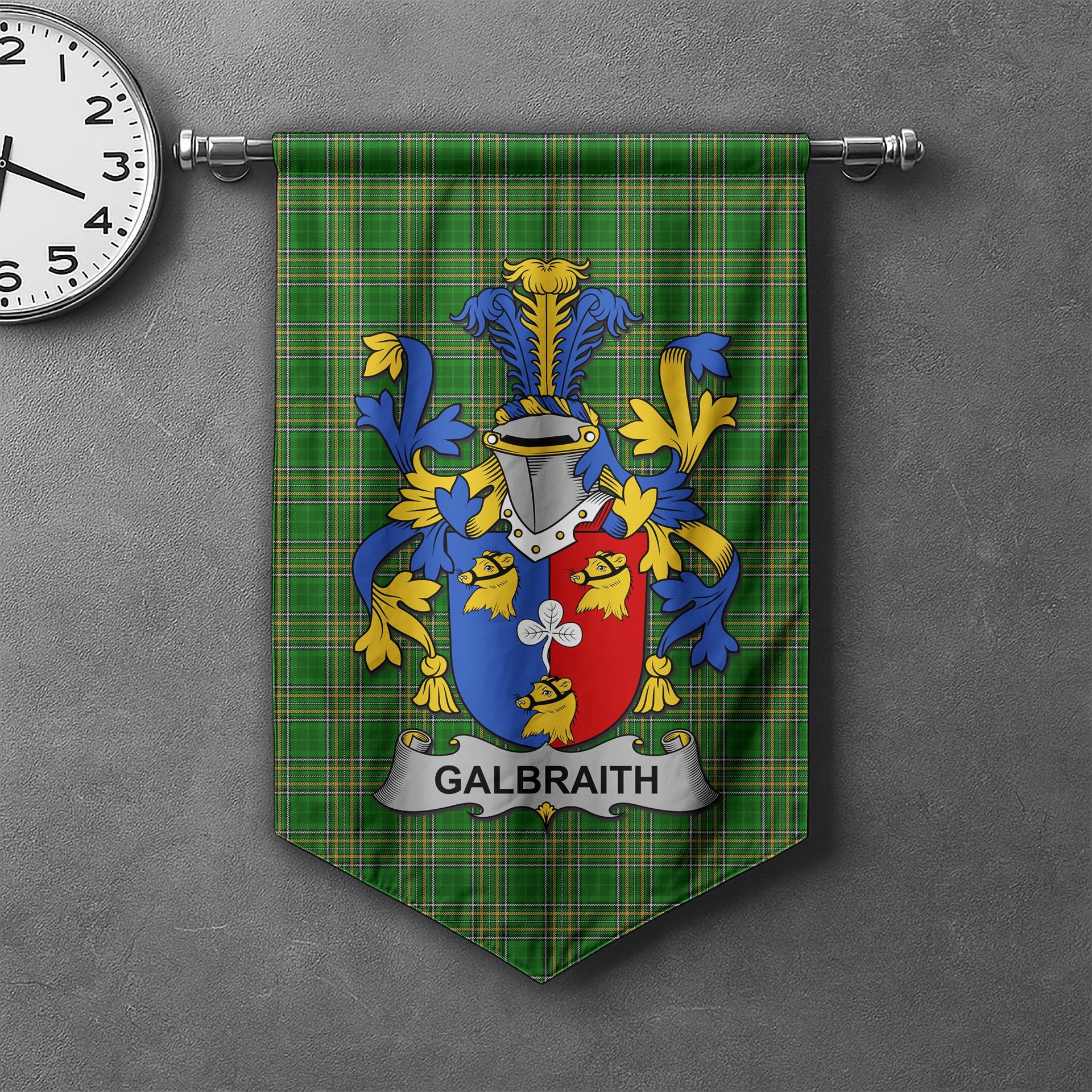 ScotsTee Shop Irish Galbraith Clan Coat of Arms Irish Tartan Gonfalon Flag