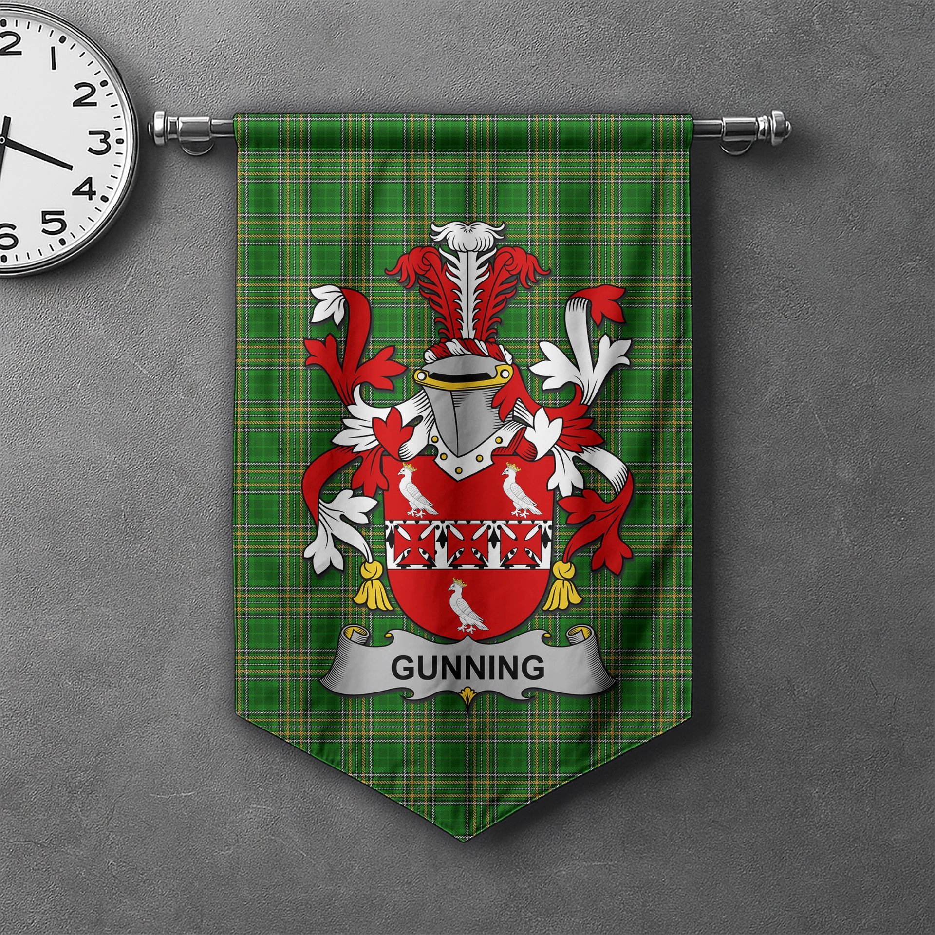 ScotsTee Shop Irish Gunning or O'Gunning Clan Coat of Arms Irish Tartan Gonfalon Flag
