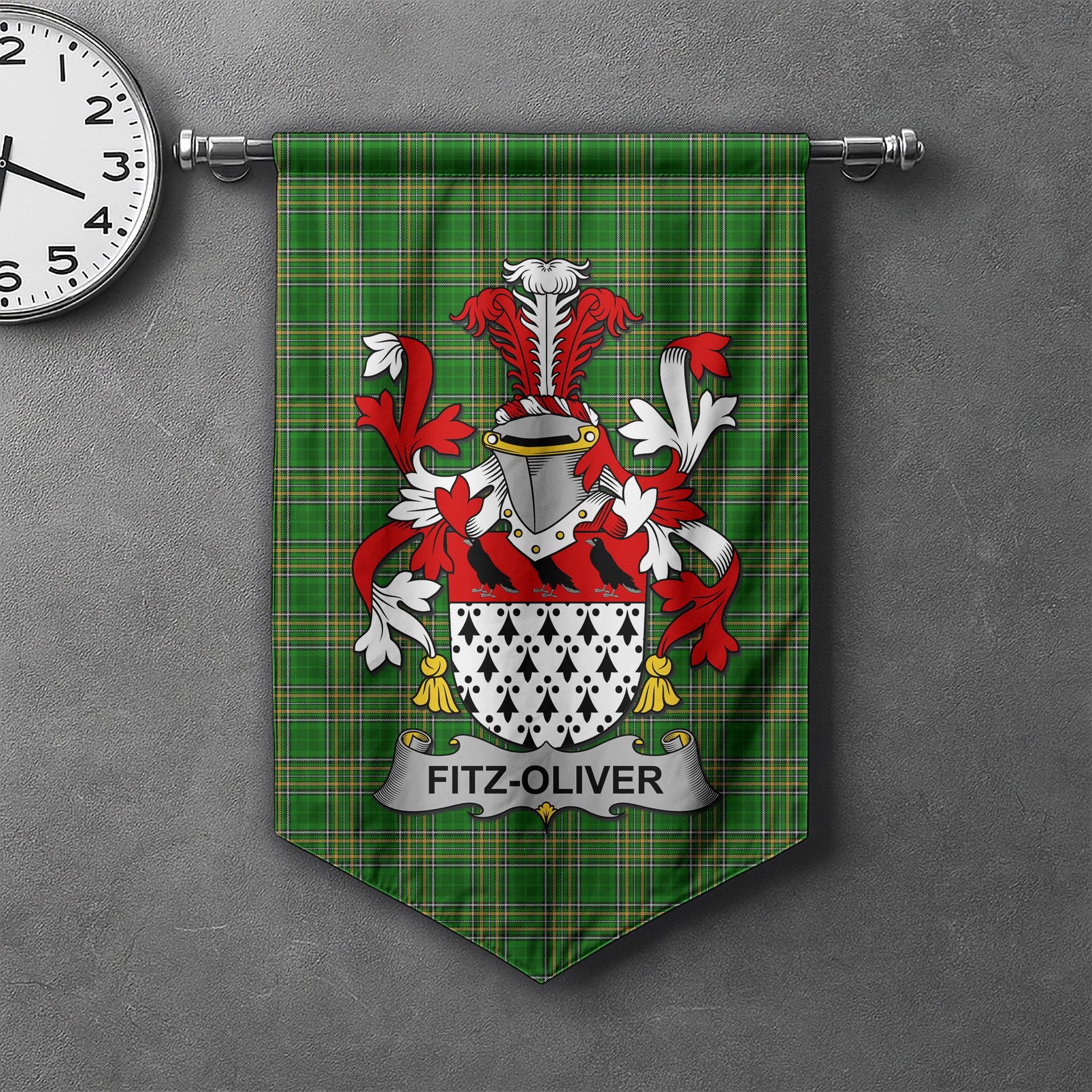 ScotsTee Shop Irish Fitz-Oliver Clan Coat of Arms Irish Tartan Gonfalon Flag