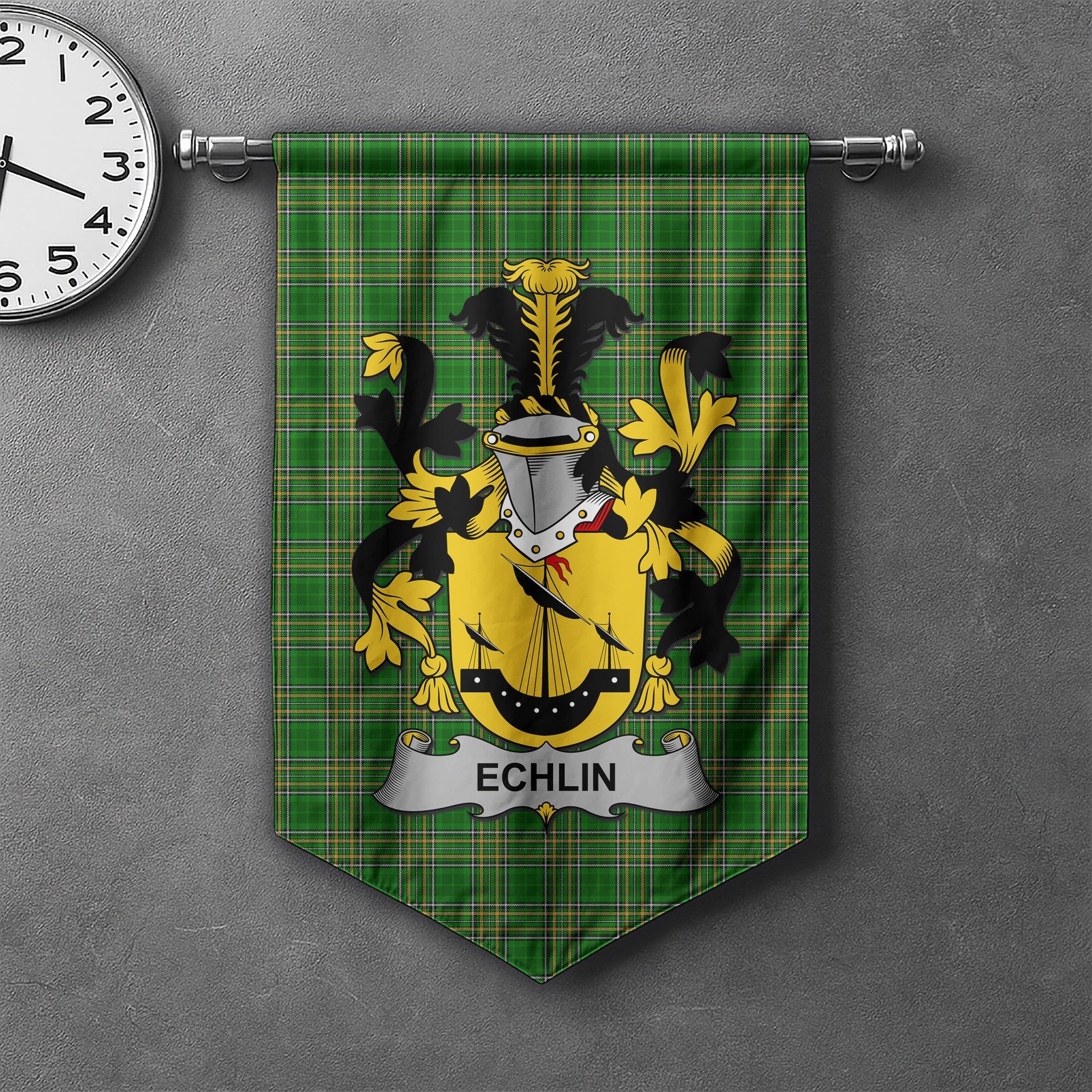 ScotsTee Shop Irish Echlin Clan Coat of Arms Irish Tartan Gonfalon Flag