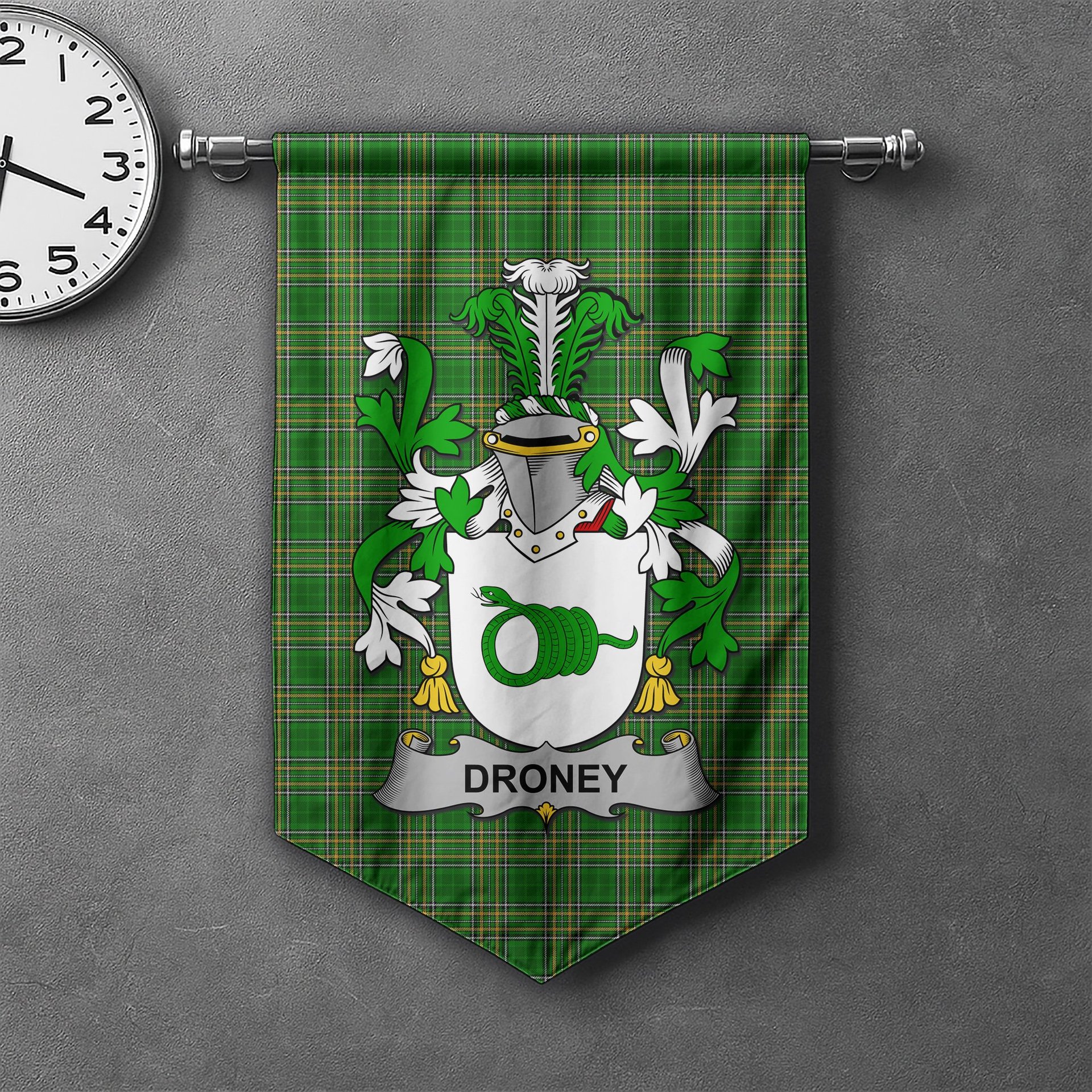 ScotsTee Shop Irish Droney or O'Droney Clan Coat of Arms Irish Tartan Gonfalon Flag