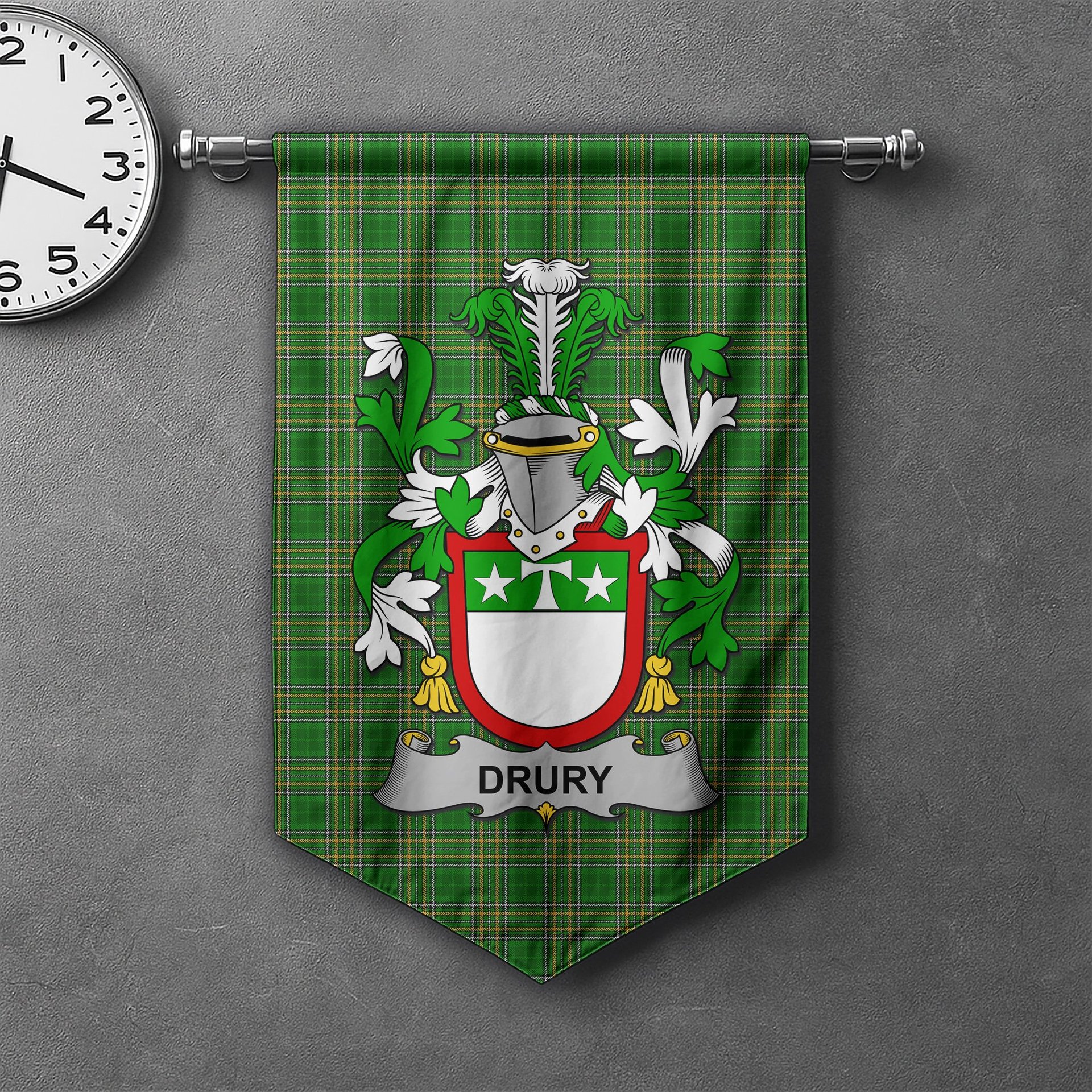 ScotsTee Shop Irish Drury or McDrury Clan Coat of Arms Irish Tartan Gonfalon Flag