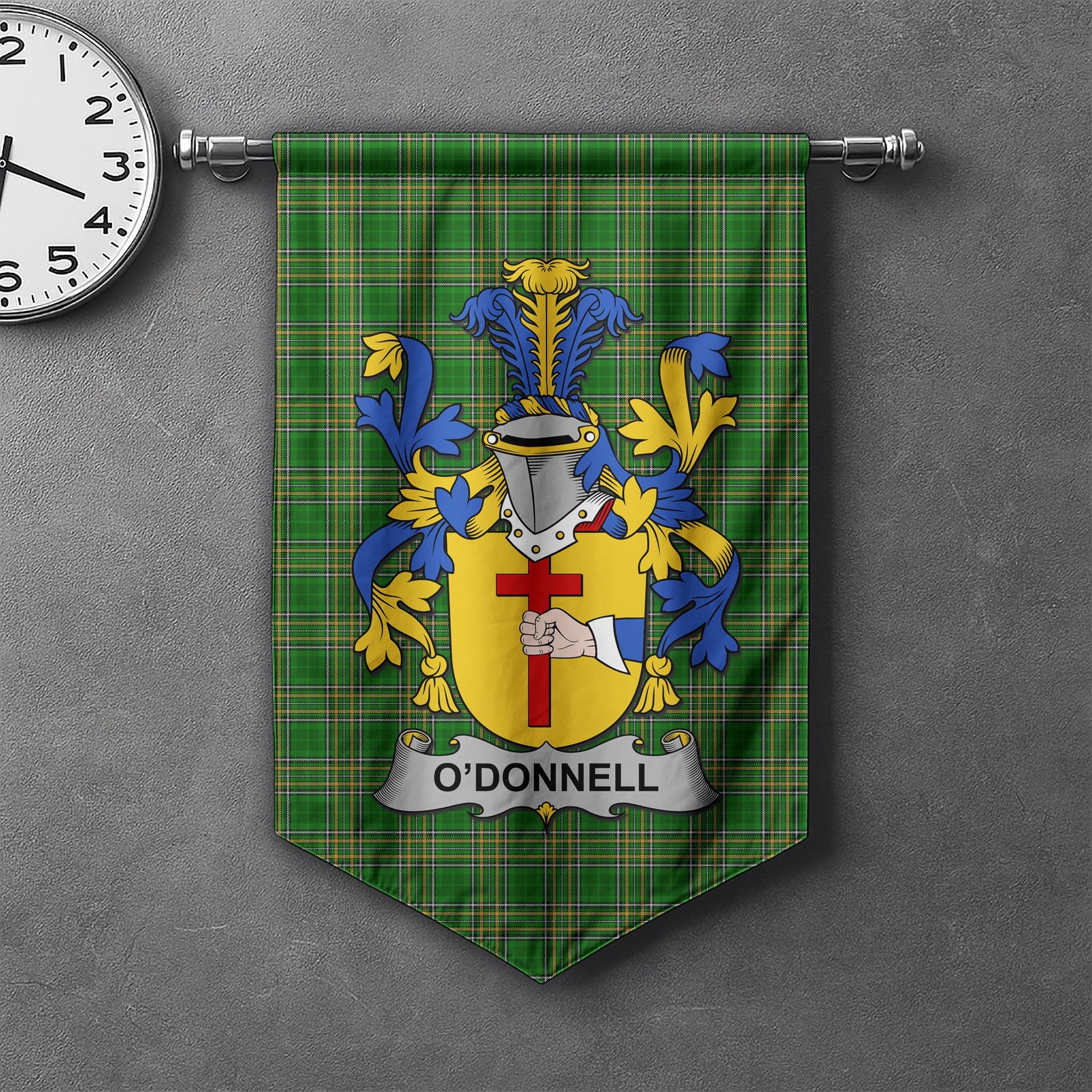 ScotsTee Shop Irish Donnell or O'Donnell Clan Coat of Arms Irish Tartan Gonfalon Flag
