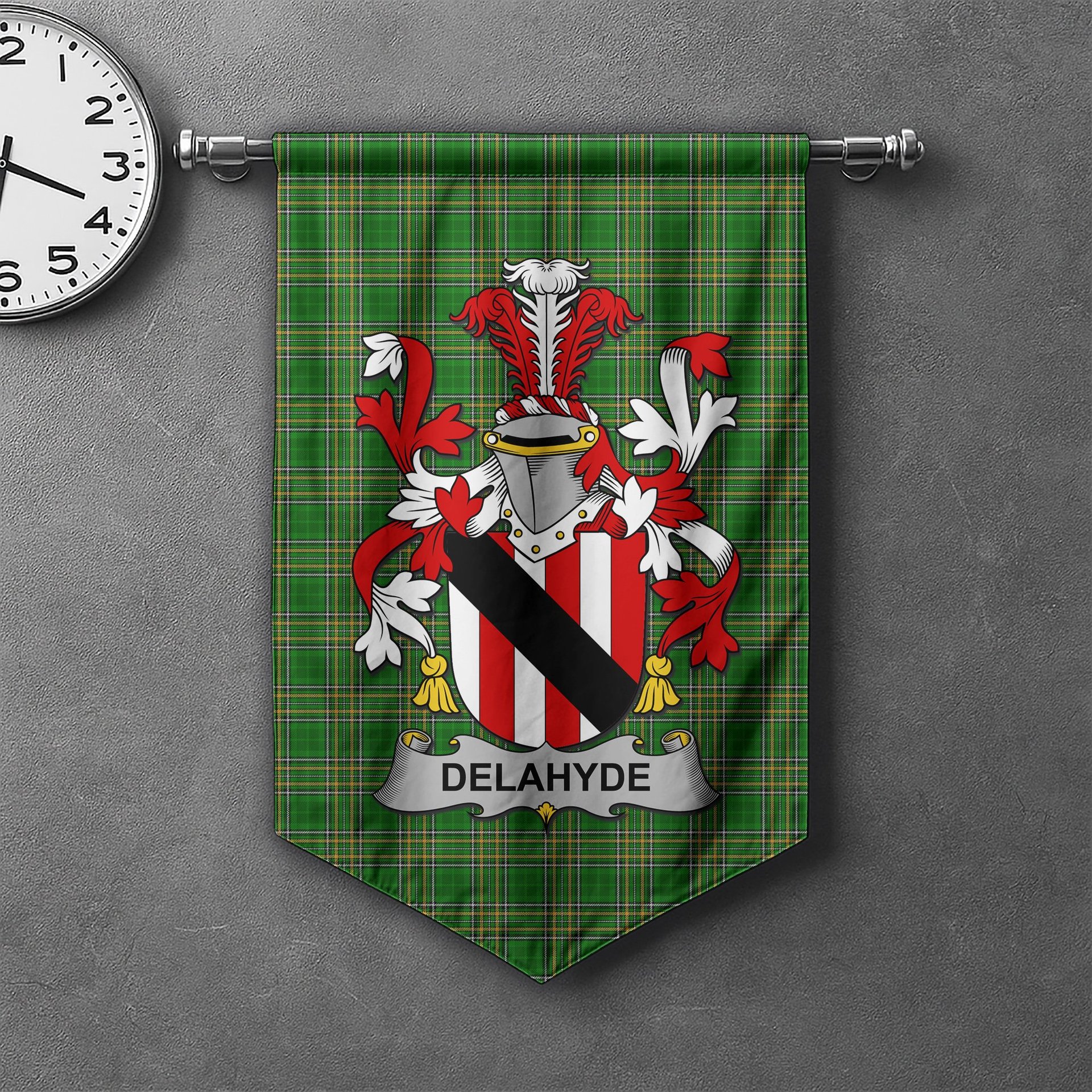 ScotsTee Shop Irish Delahyde Clan Coat of Arms Irish Tartan Gonfalon Flag