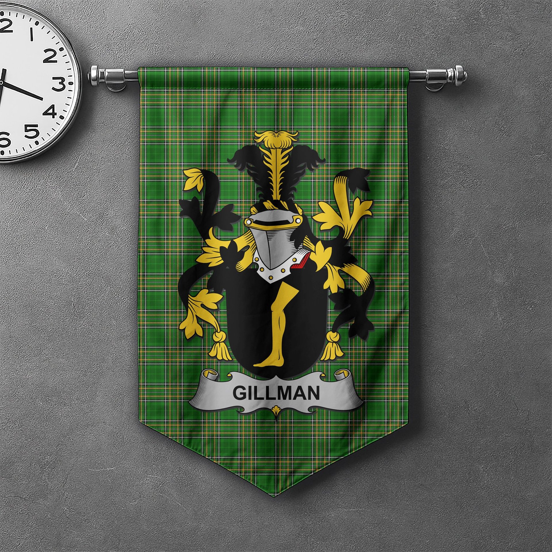 ScotsTee Shop Irish Gillman Clan Coat of Arms Irish Tartan Gonfalon Flag