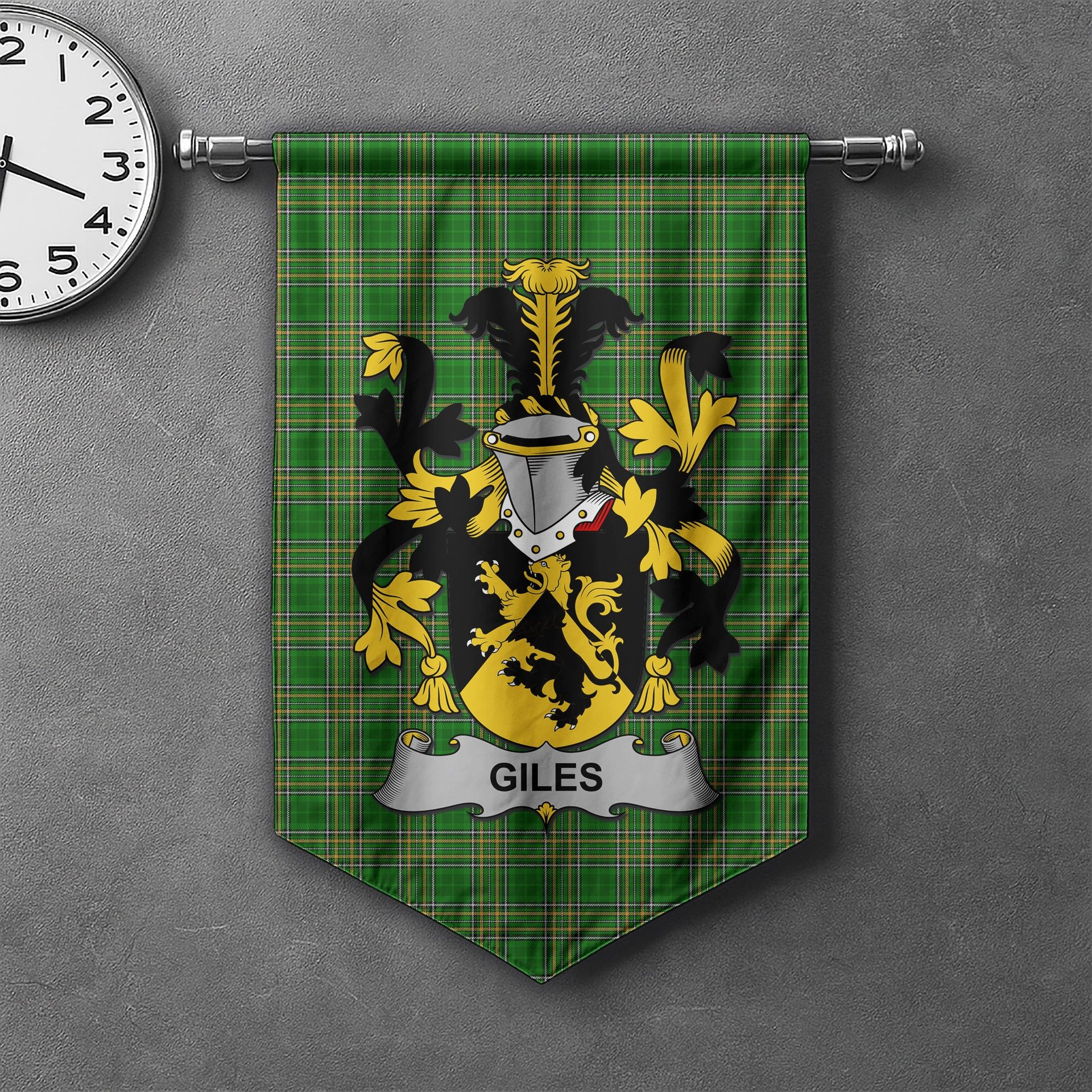ScotsTee Shop Irish Giles or Gyles Clan Coat of Arms Irish Tartan Gonfalon Flag