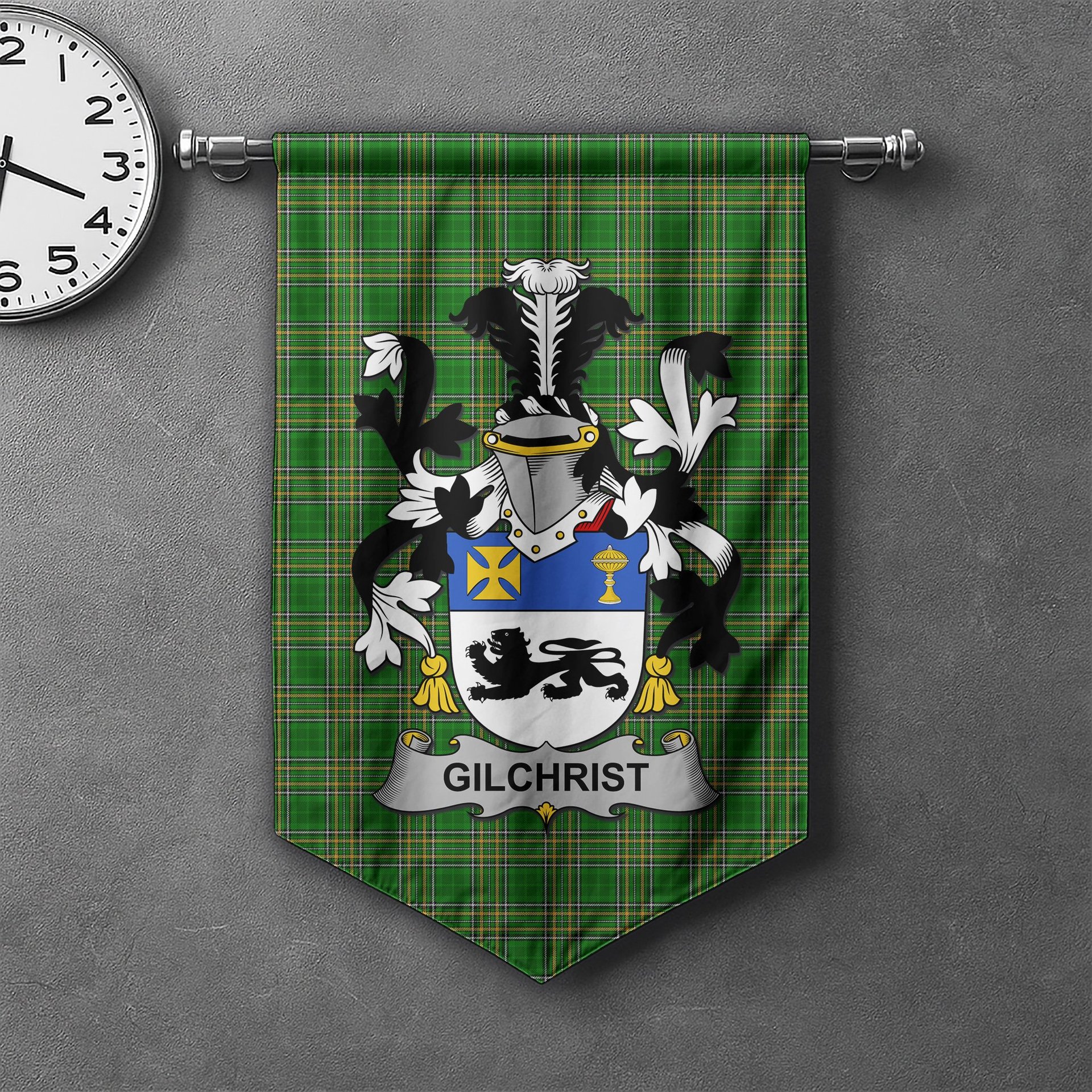 ScotsTee Shop Irish Gilchrist or McGilchrist Clan Coat of Arms Irish Tartan Gonfalon Flag