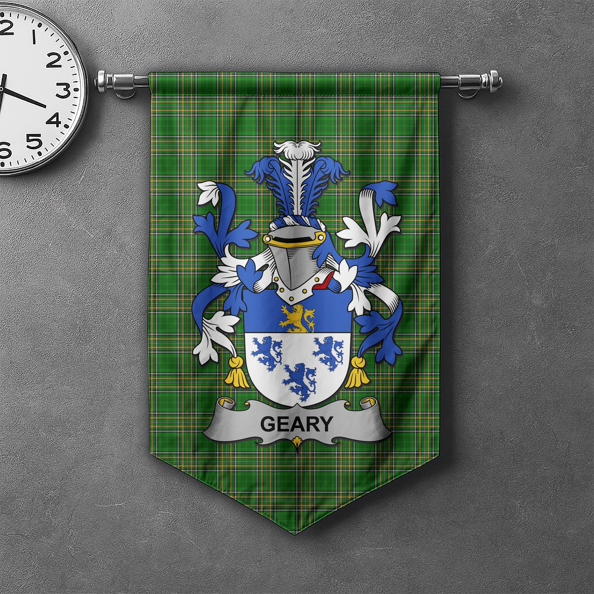 ScotsTee Shop Irish Geary or O'Geary Clan Coat of Arms Irish Tartan Gonfalon Flag