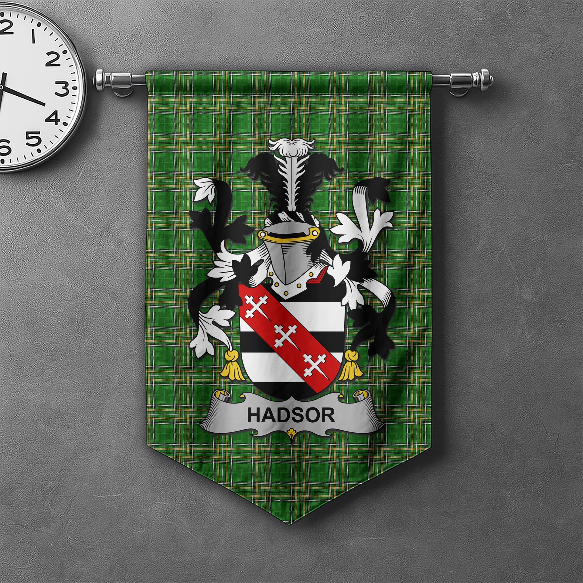 ScotsTee Shop Irish Hadsor Clan Coat of Arms Irish Tartan Gonfalon Flag