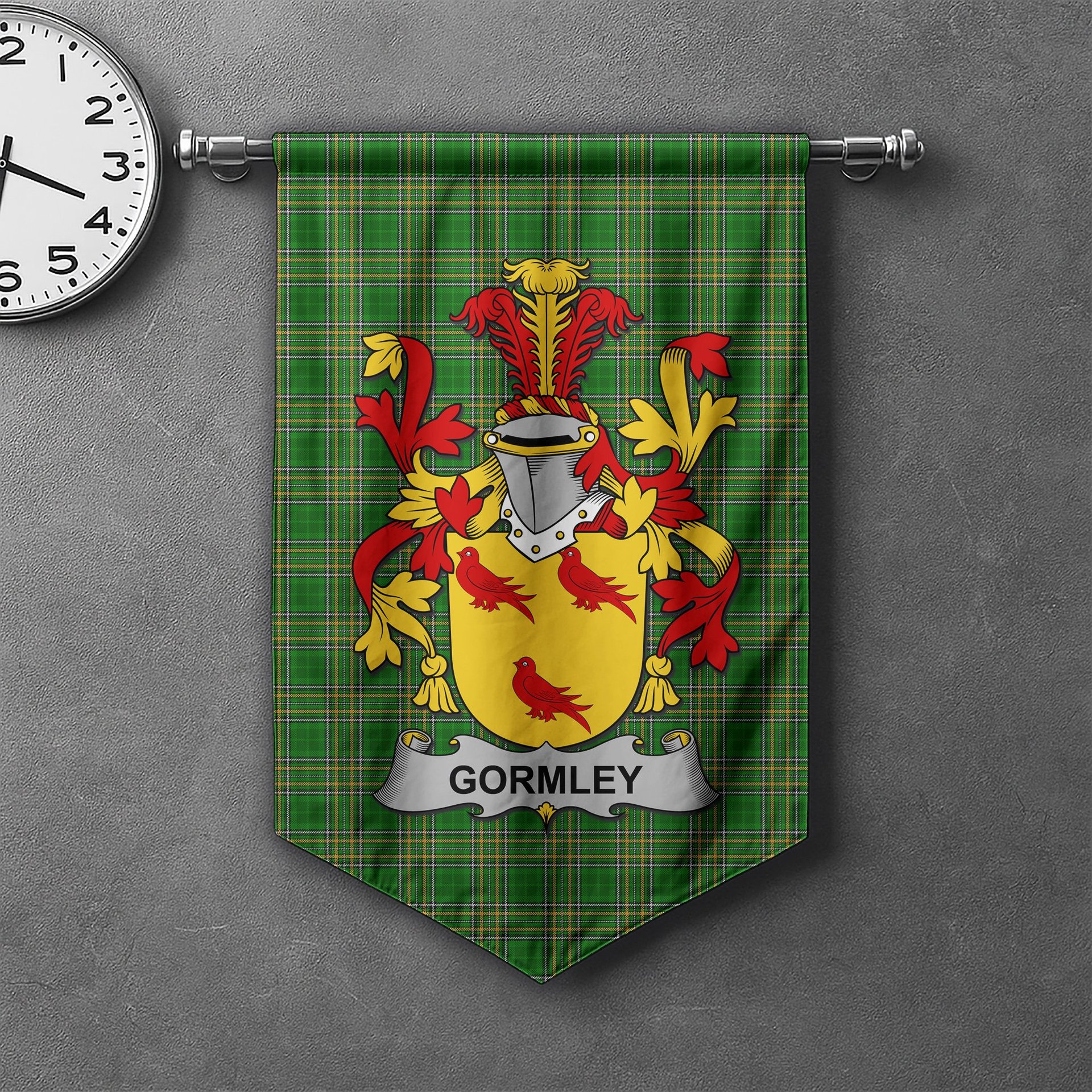 ScotsTee Shop Irish Gormley or O'Gormley Clan Coat of Arms Irish Tartan Gonfalon Flag