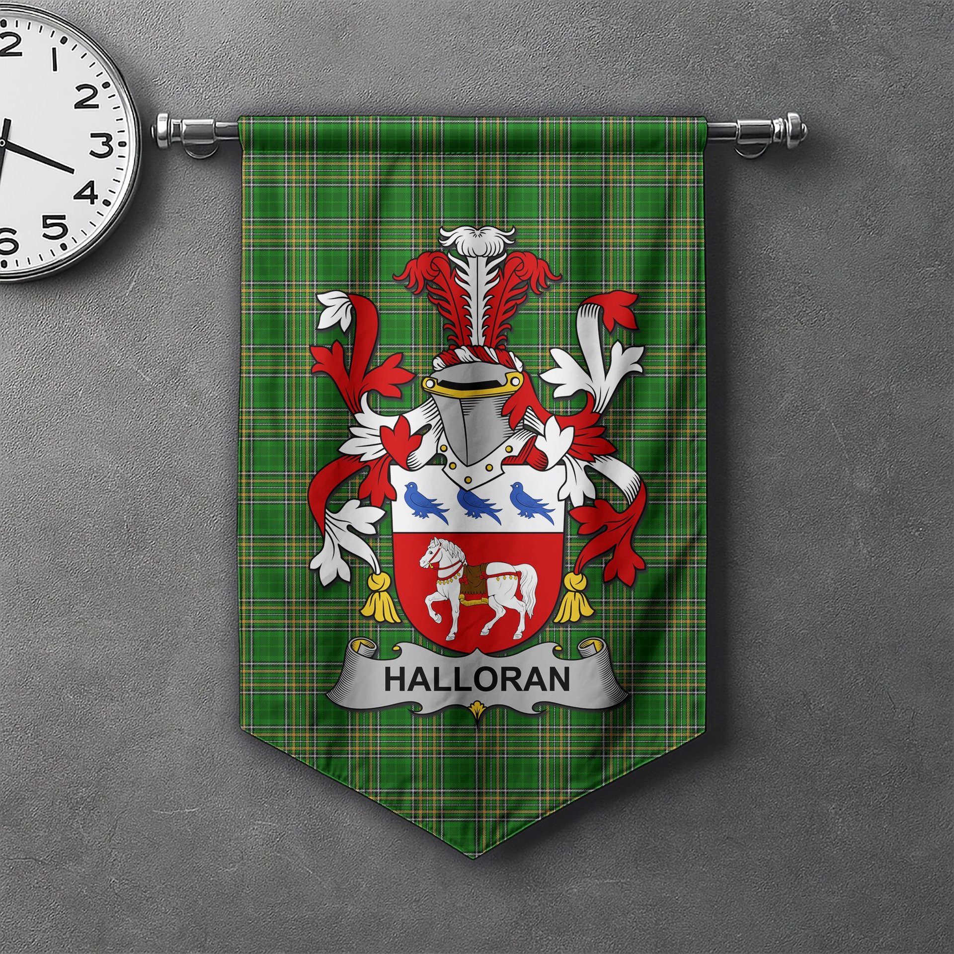 ScotsTee Shop Irish Halloran or O'Halloran Clan Coat of Arms Irish Tartan Gonfalon Flag