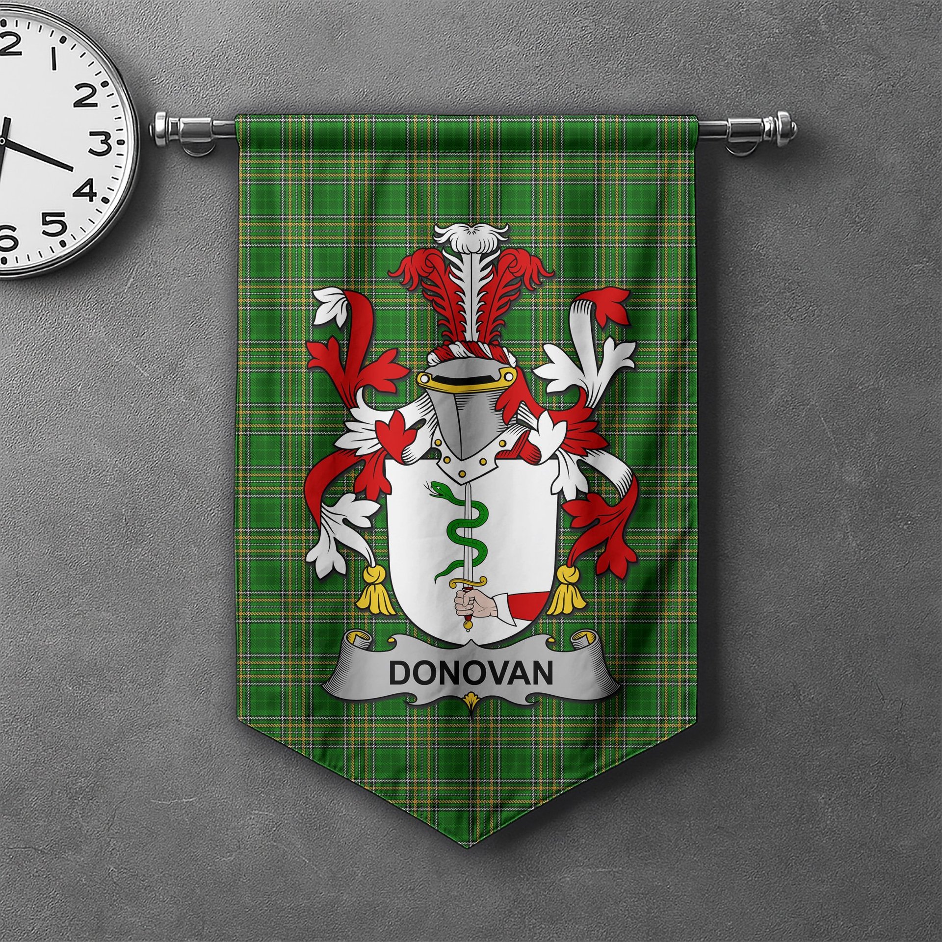 ScotsTee Shop Irish Donovan or O'Donovan Clan Coat of Arms Irish Tartan Gonfalon Flag