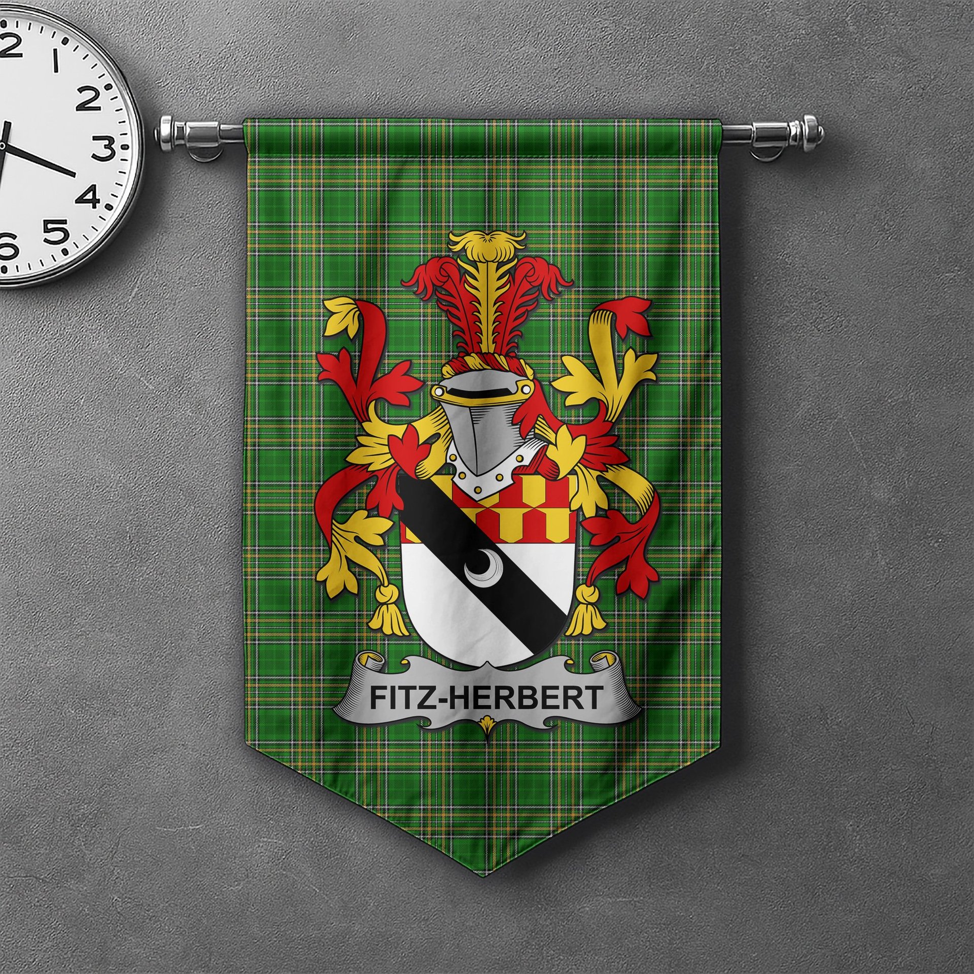 ScotsTee Shop Irish Fitz-Herbert Clan Coat of Arms Irish Tartan Gonfalon Flag
