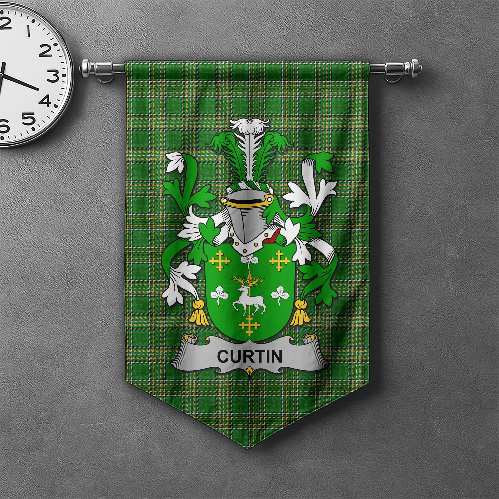 ScotsTee Shop Irish Curtin or McCurtin Clan Coat of Arms Irish Tartan Gonfalon Flag