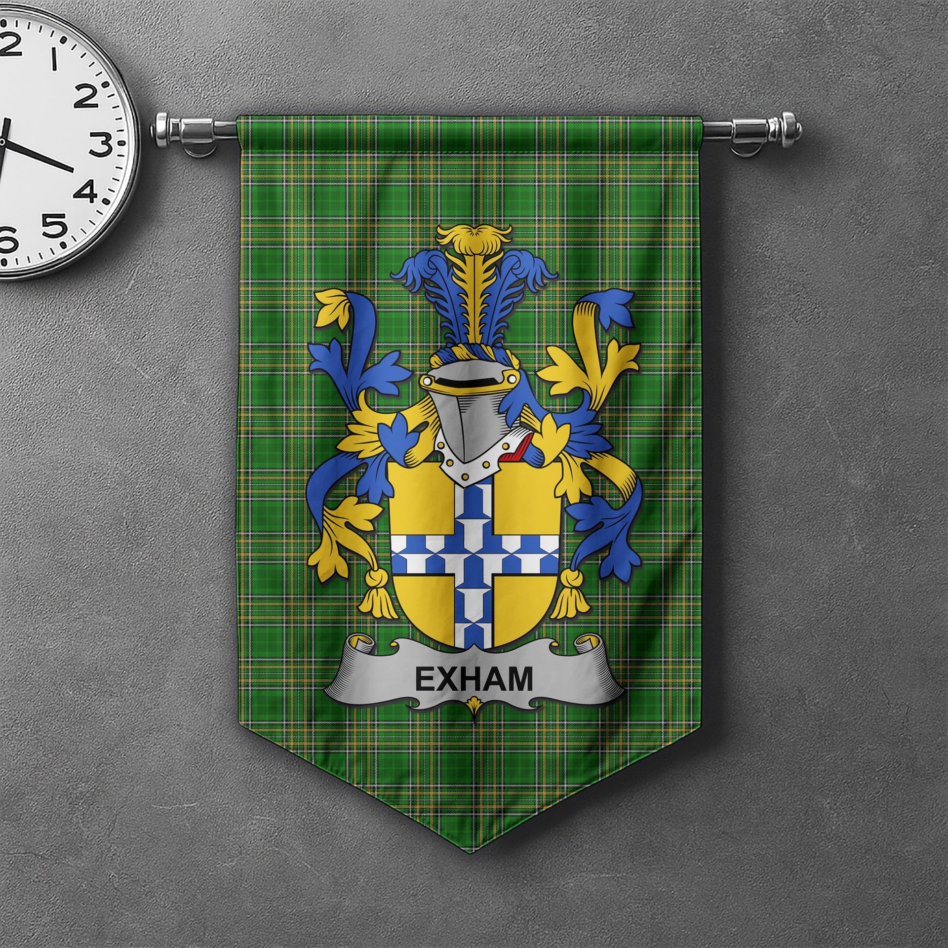 ScotsTee Shop Irish Exham Clan Coat of Arms Irish Tartan Gonfalon Flag