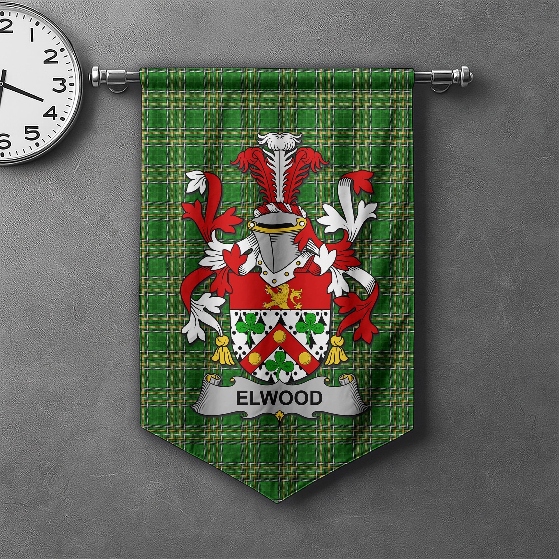 ScotsTee Shop Irish Elwood Clan Coat of Arms Irish Tartan Gonfalon Flag