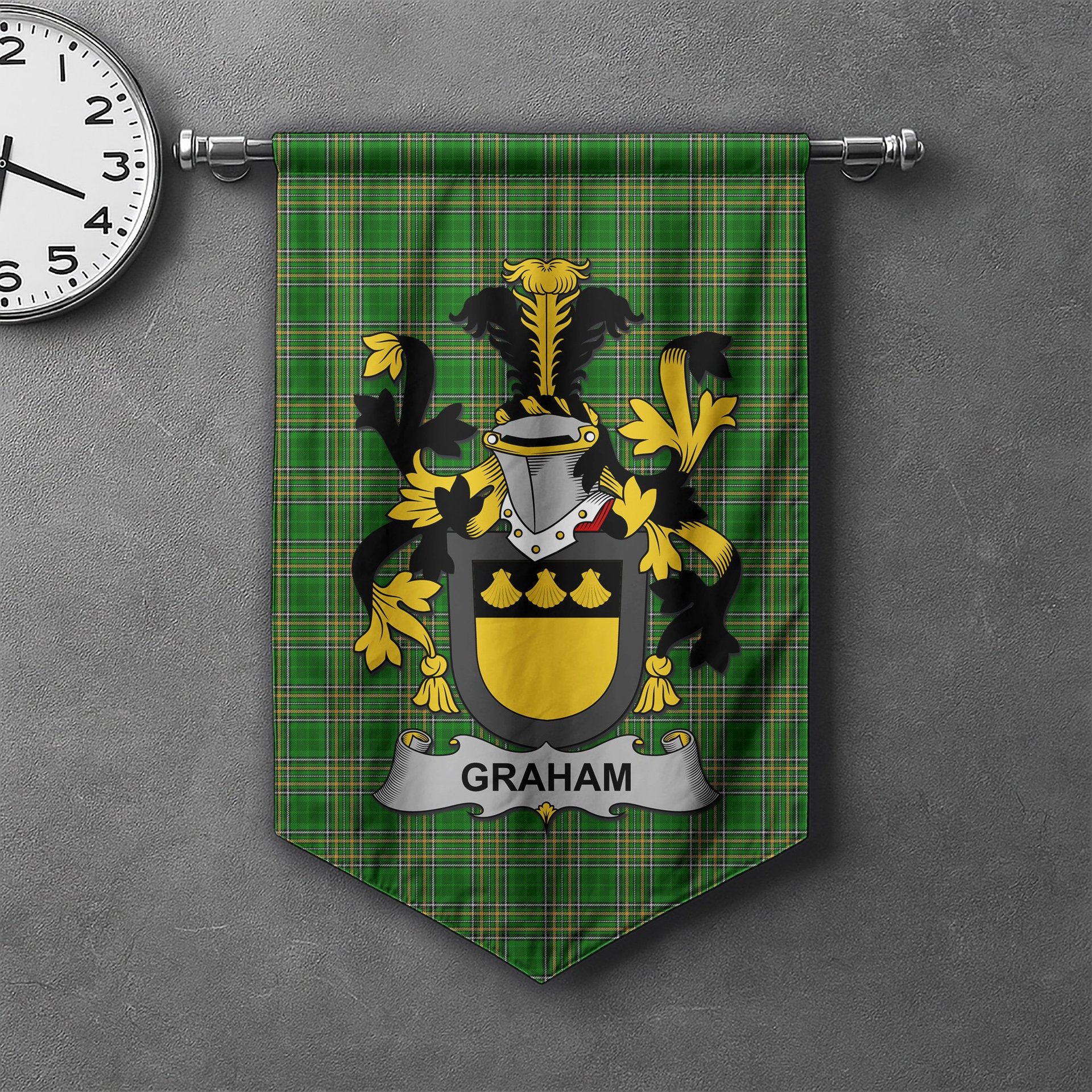 ScotsTee Shop Irish Graham or Grahan Clan Coat of Arms Irish Tartan Gonfalon Flag