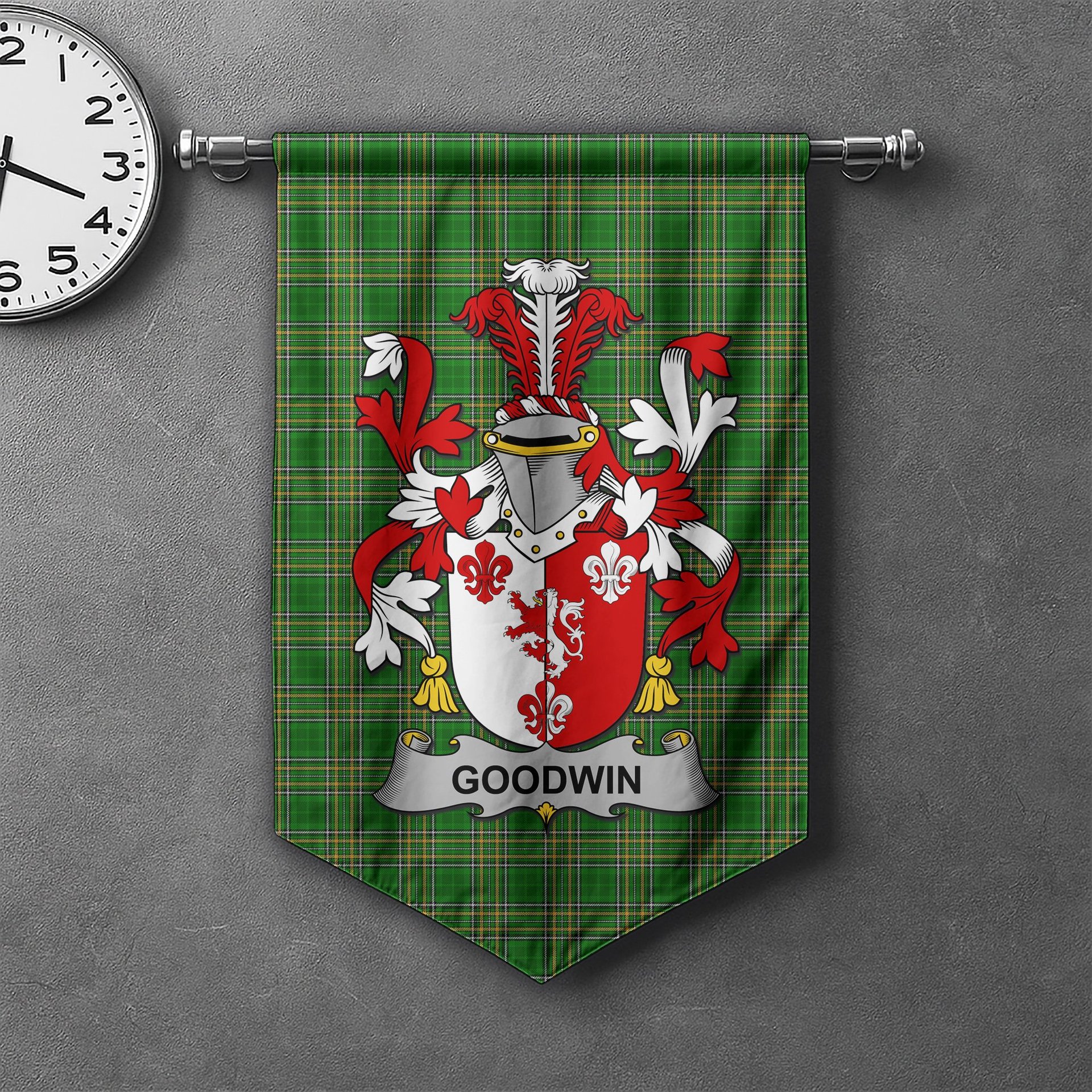 ScotsTee Shop Irish Goodwin Clan Coat of Arms Irish Tartan Gonfalon Flag