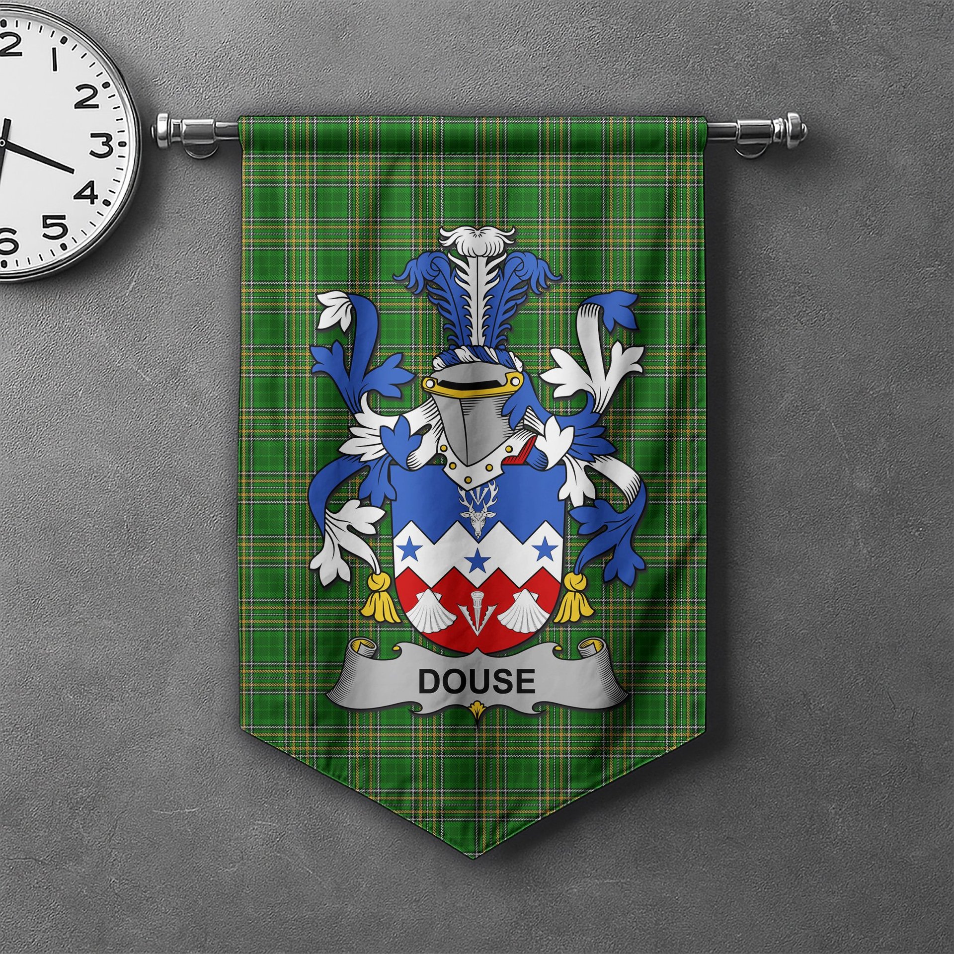 ScotsTee Shop Irish Douse or Dowse Clan Coat of Arms Irish Tartan Gonfalon Flag