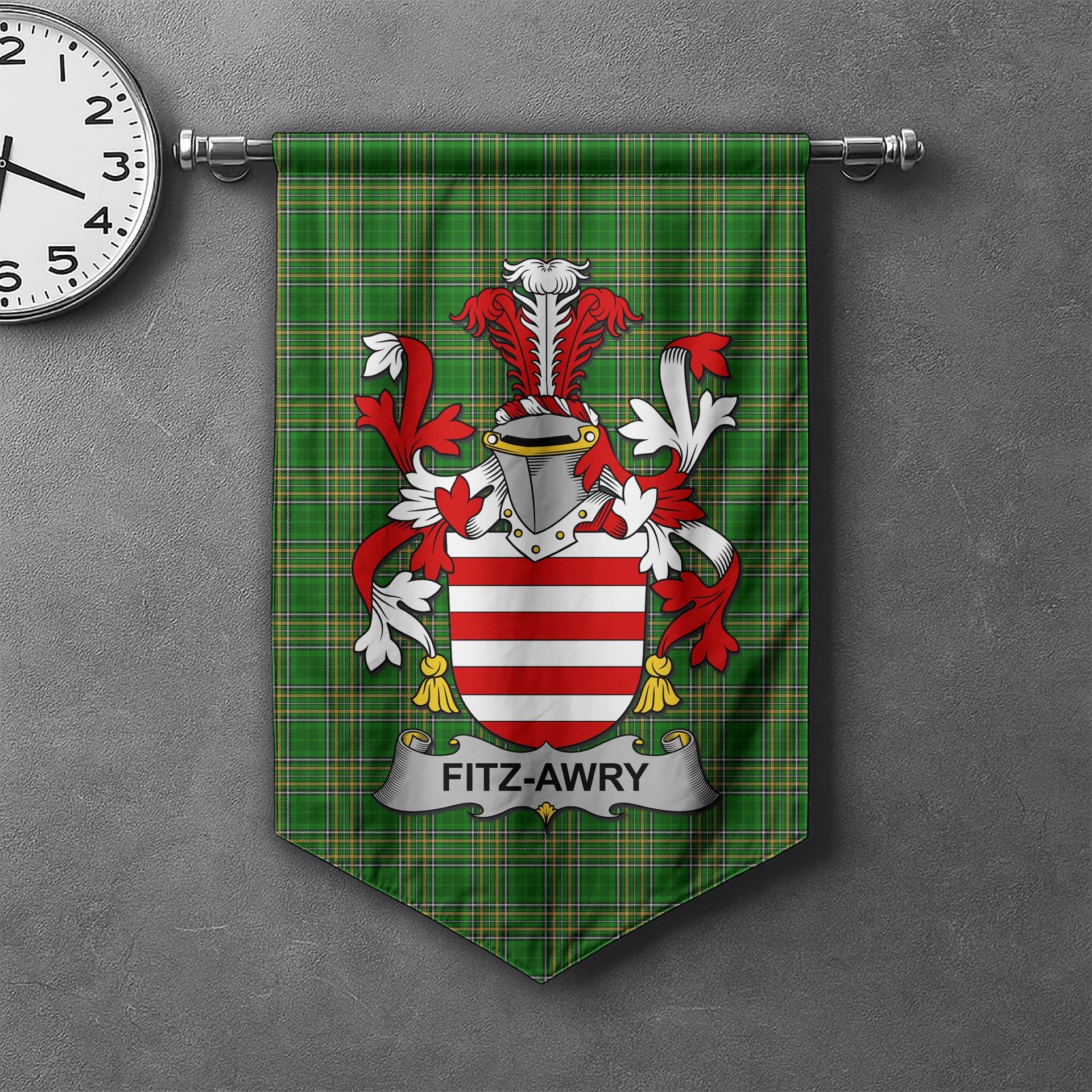 ScotsTee Shop Irish Fitz-Awry Clan Coat of Arms Irish Tartan Gonfalon Flag