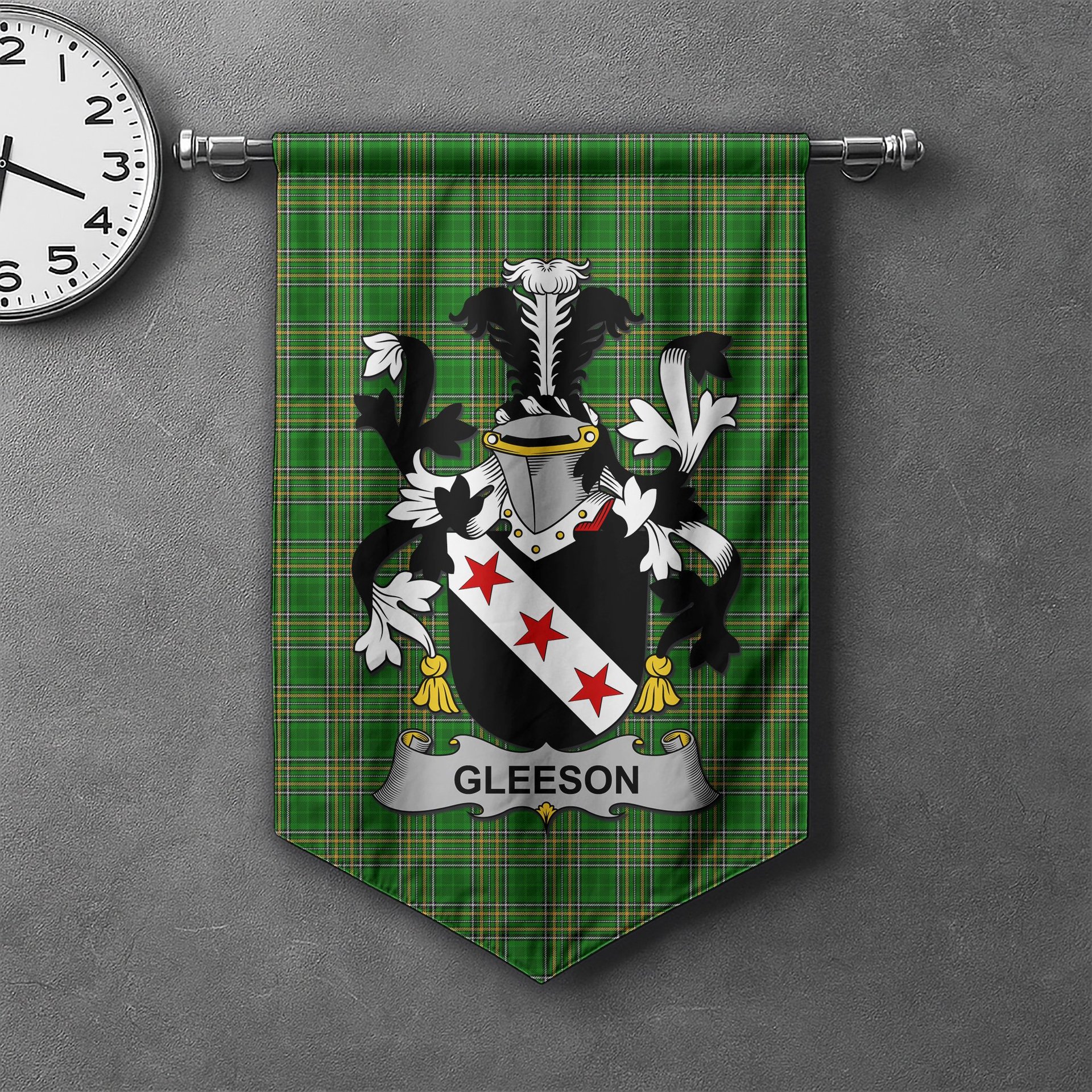 ScotsTee Shop Irish Gleeson or O'Glissane Clan Coat of Arms Irish Tartan Gonfalon Flag
