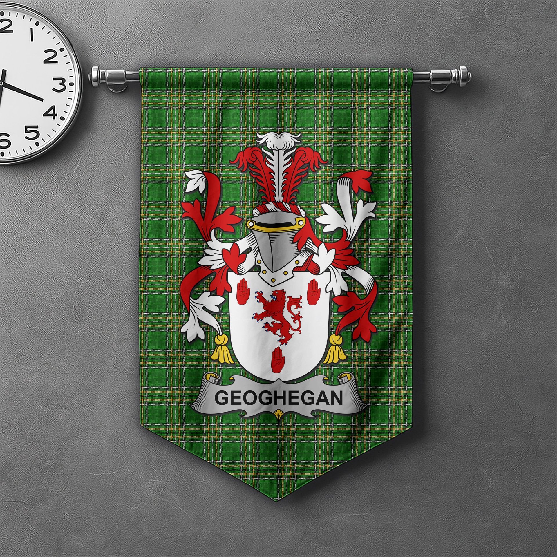 ScotsTee Shop Irish Geoghegan or O'Geoghegan Clan Coat of Arms Irish Tartan Gonfalon Flag