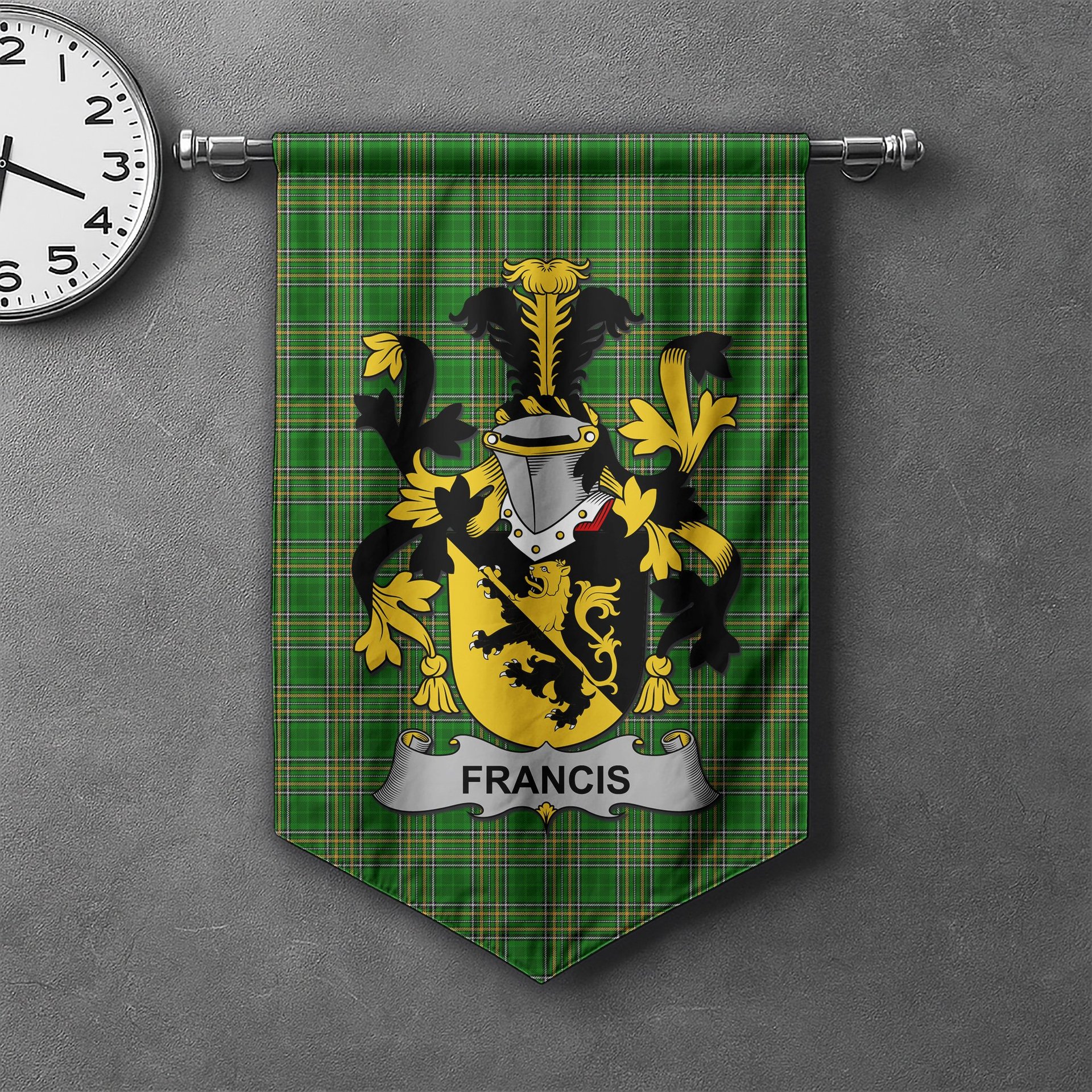ScotsTee Shop Irish Francis Clan Coat of Arms Irish Tartan Gonfalon Flag