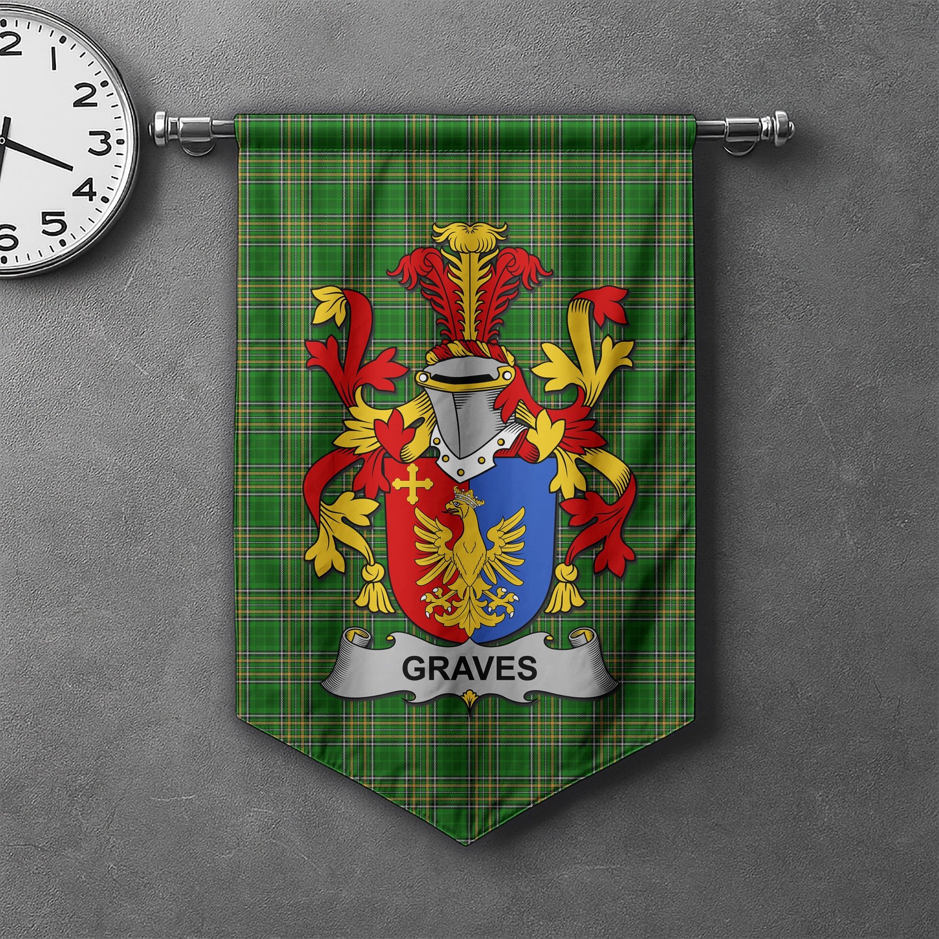 ScotsTee Shop Irish Graves or Greaves Clan Coat of Arms Irish Tartan Gonfalon Flag