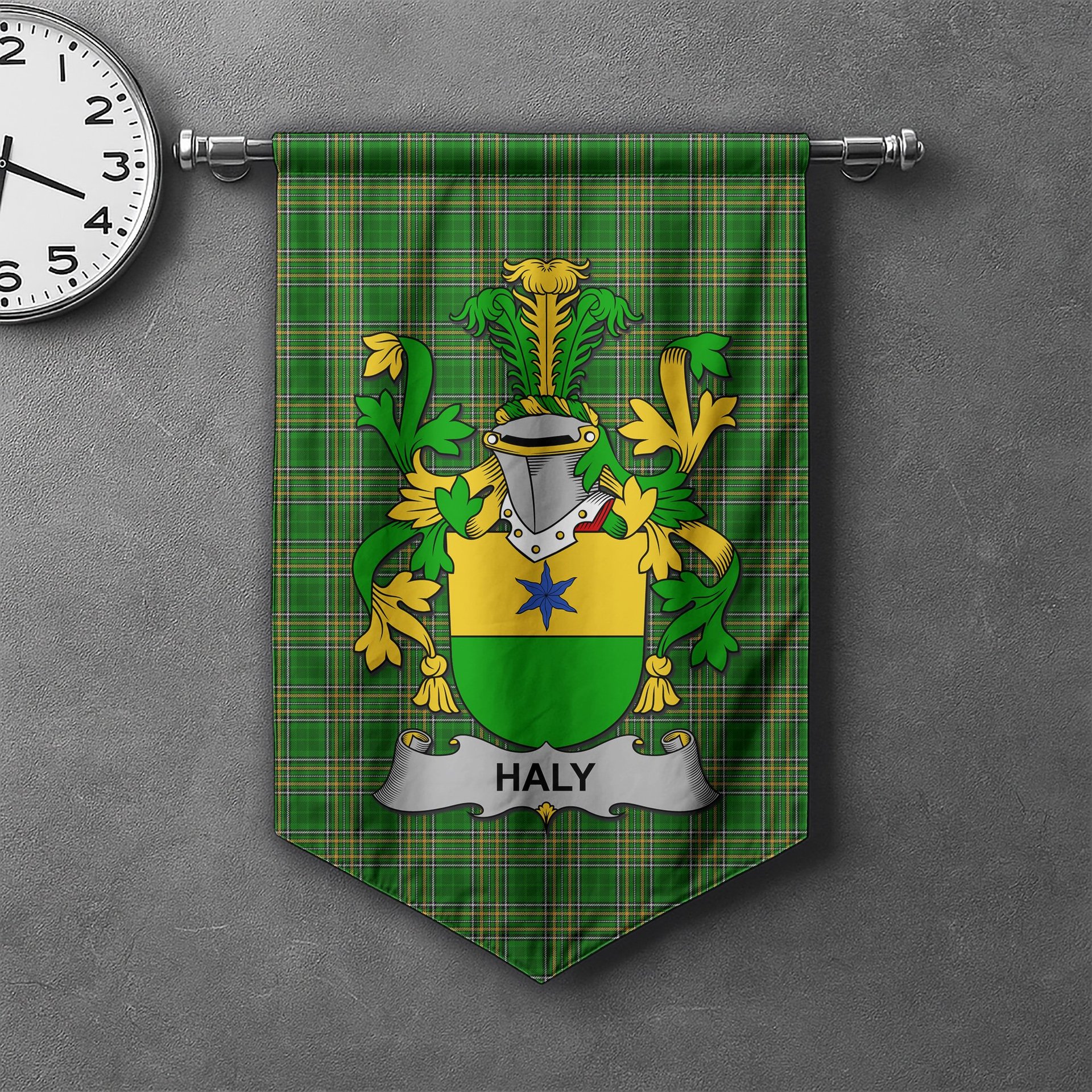 ScotsTee Shop Irish Haly or O'Haly Clan Coat of Arms Irish Tartan Gonfalon Flag