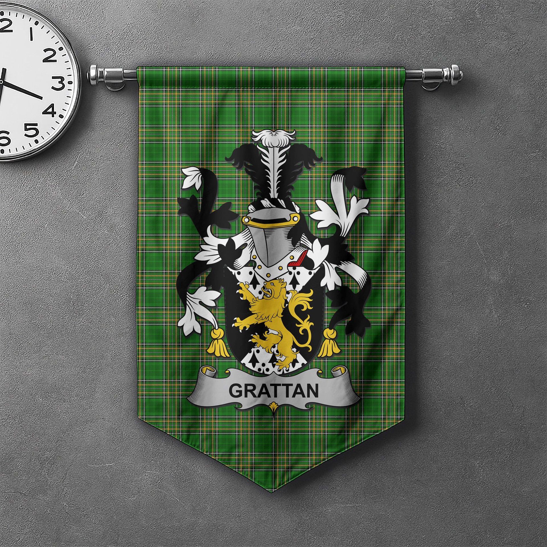 ScotsTee Shop Irish Grattan or McGrattan Clan Coat of Arms Irish Tartan Gonfalon Flag