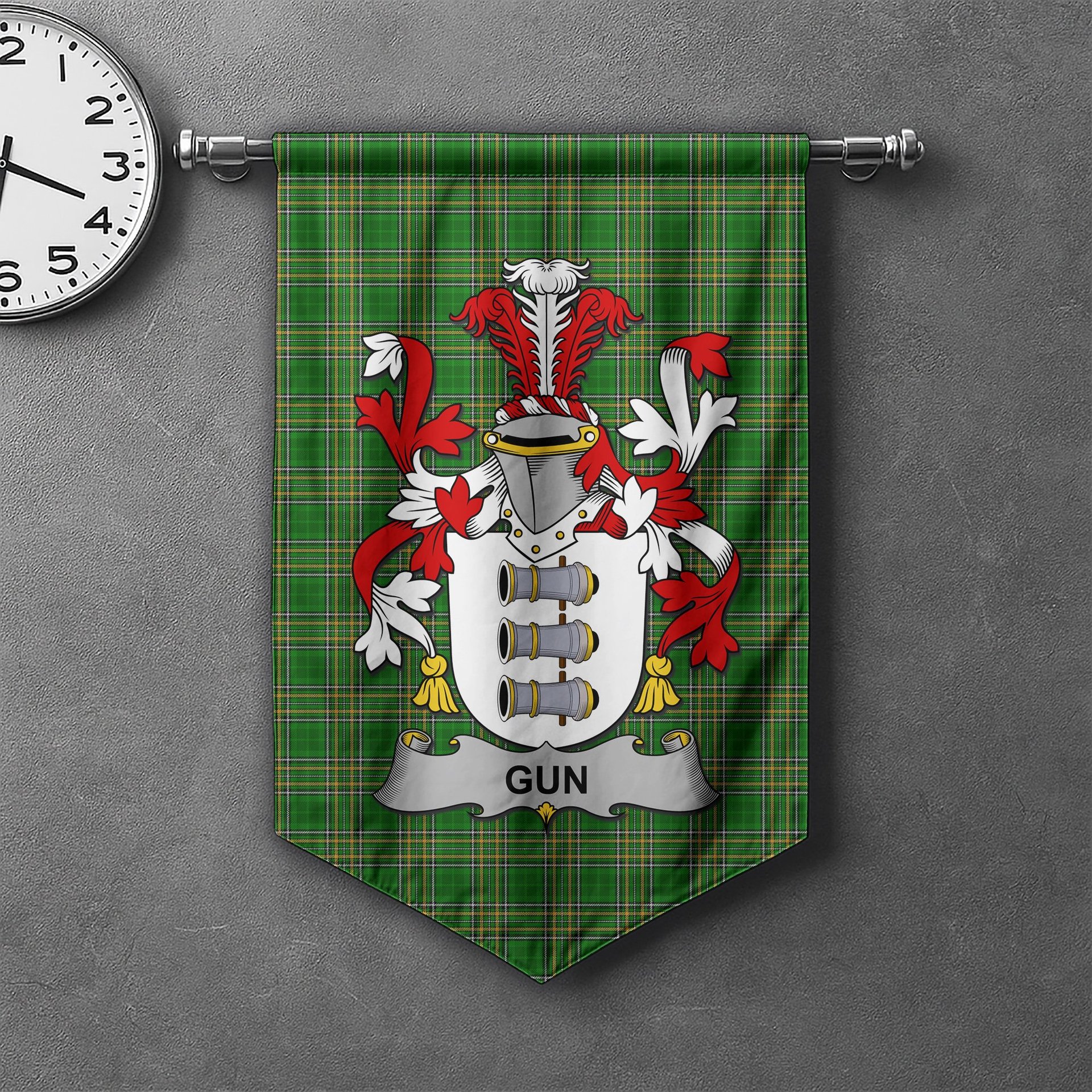 ScotsTee Shop Irish Gun or McElgunn Clan Coat of Arms Irish Tartan Gonfalon Flag
