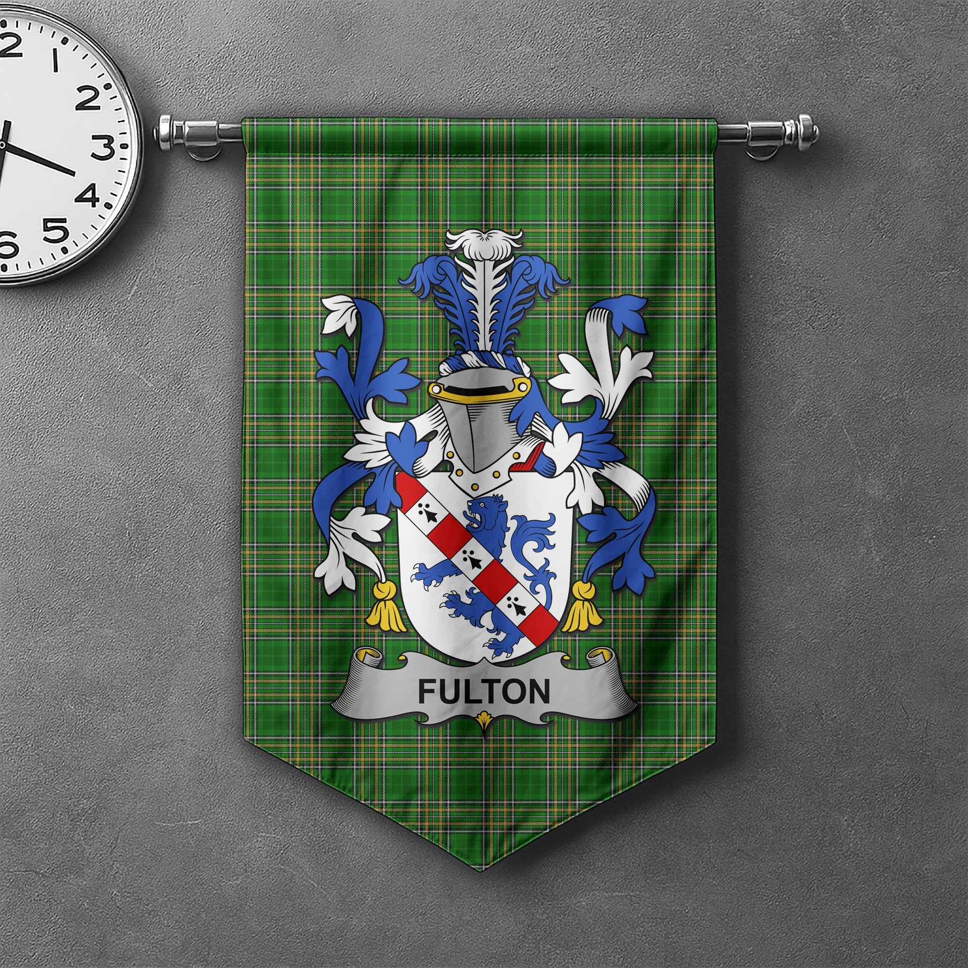 ScotsTee Shop Irish Fulton Clan Coat of Arms Irish Tartan Gonfalon Flag