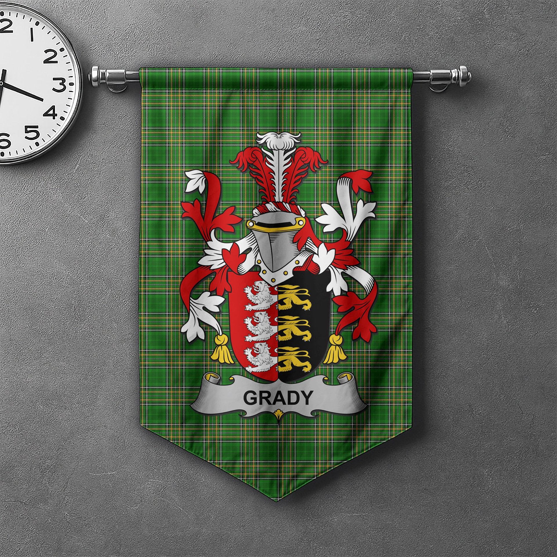 ScotsTee Shop Irish Grady or O'Grady Clan Coat of Arms Irish Tartan Gonfalon Flag