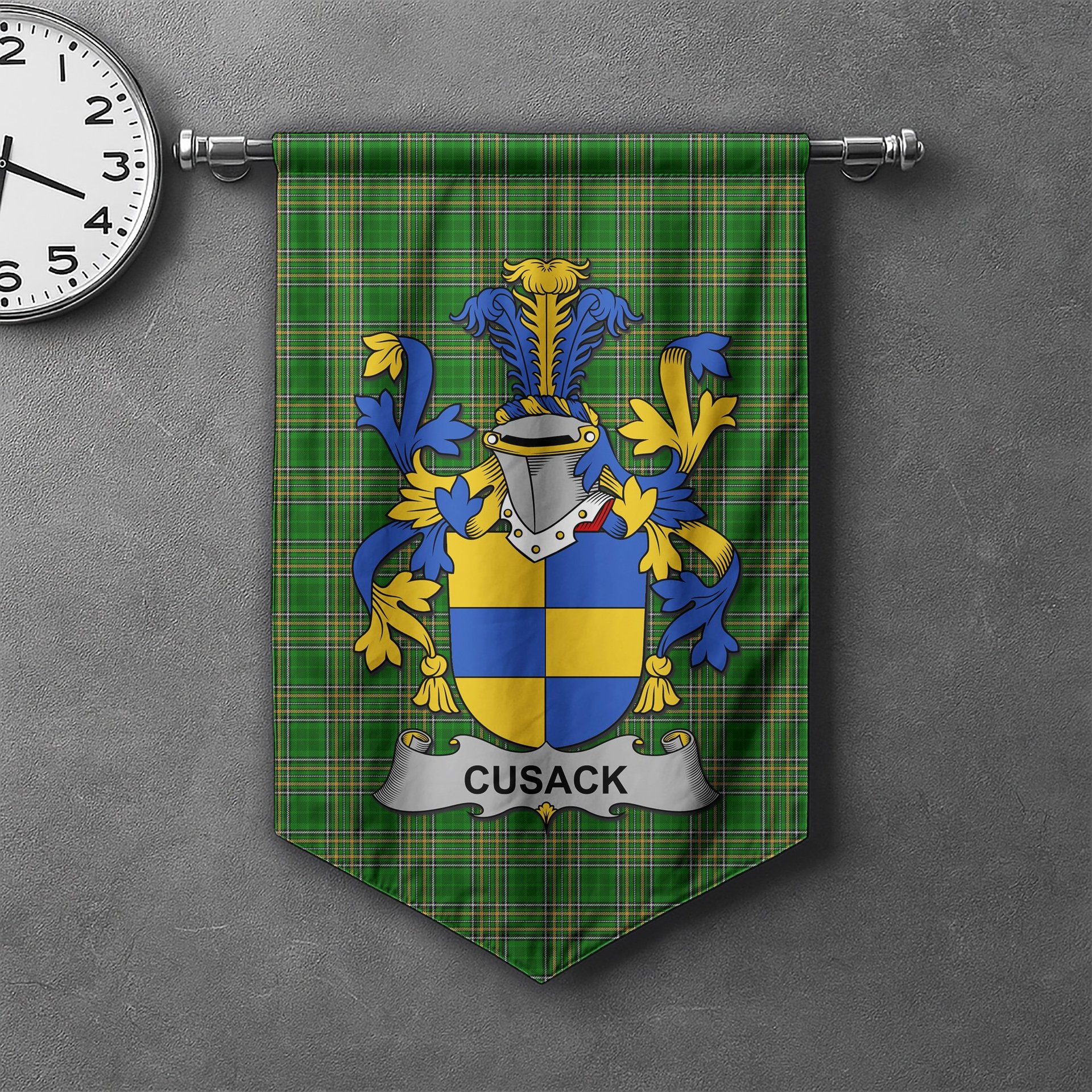 ScotsTee Shop Irish Cusack Clan Coat of Arms Irish Tartan Gonfalon Flag