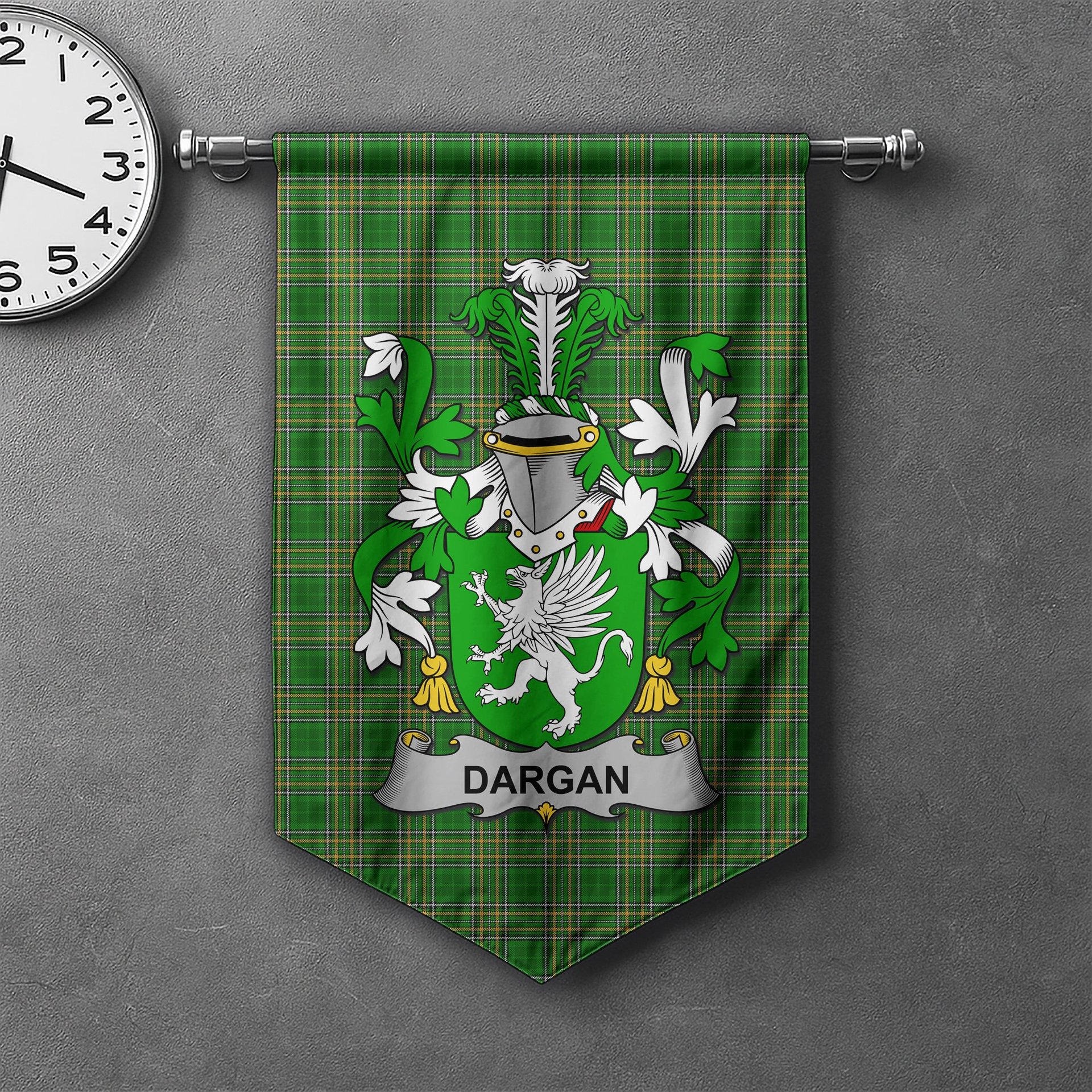 ScotsTee Shop Irish Dargan or McDeargan Clan Coat of Arms Irish Tartan Gonfalon Flag