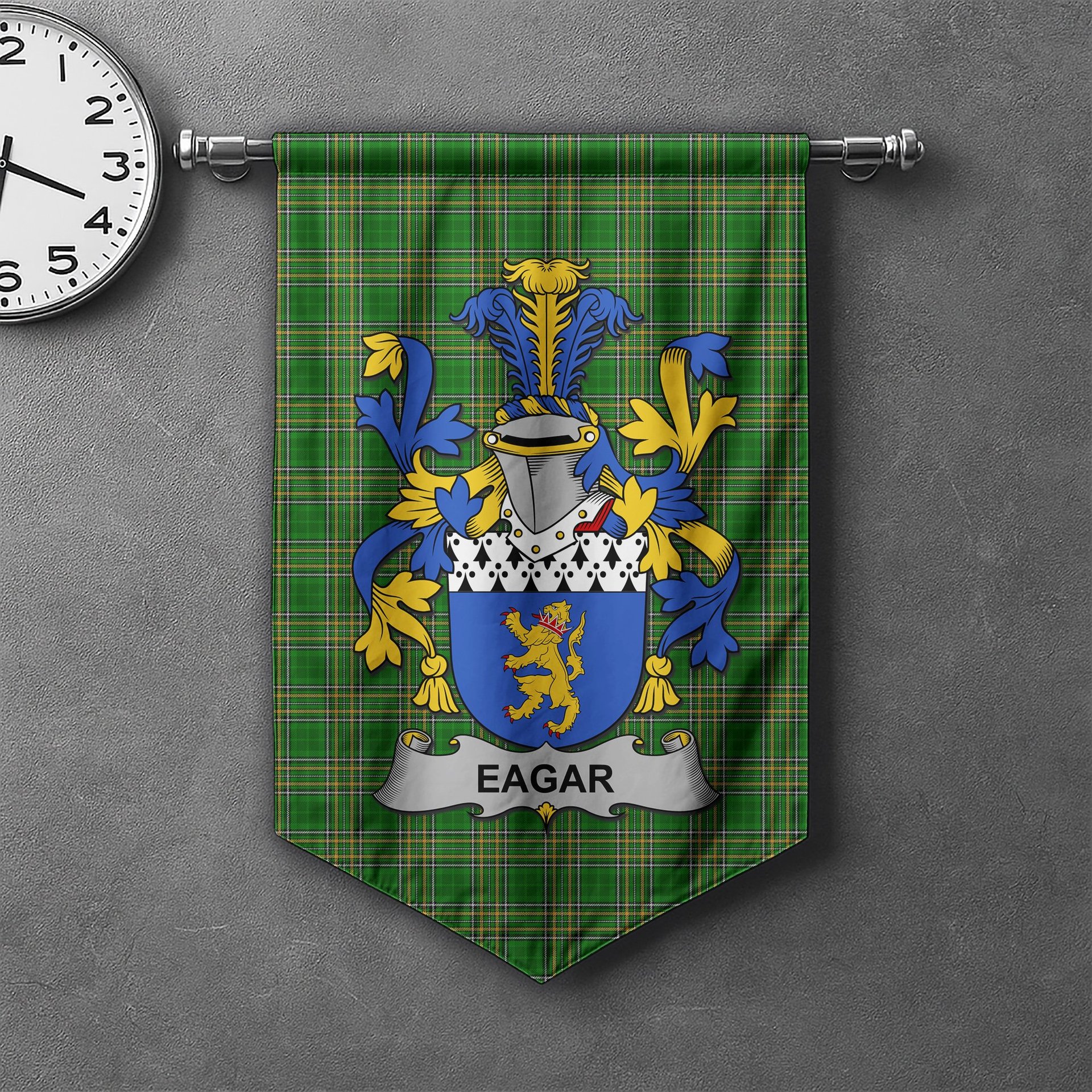 ScotsTee Shop Irish Eagar Clan Coat of Arms Irish Tartan Gonfalon Flag