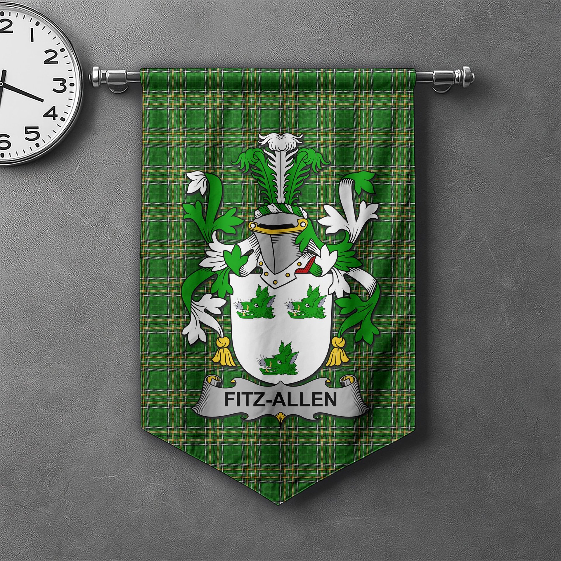 ScotsTee Shop Irish Fitz-Allen Clan Coat of Arms Irish Tartan Gonfalon Flag