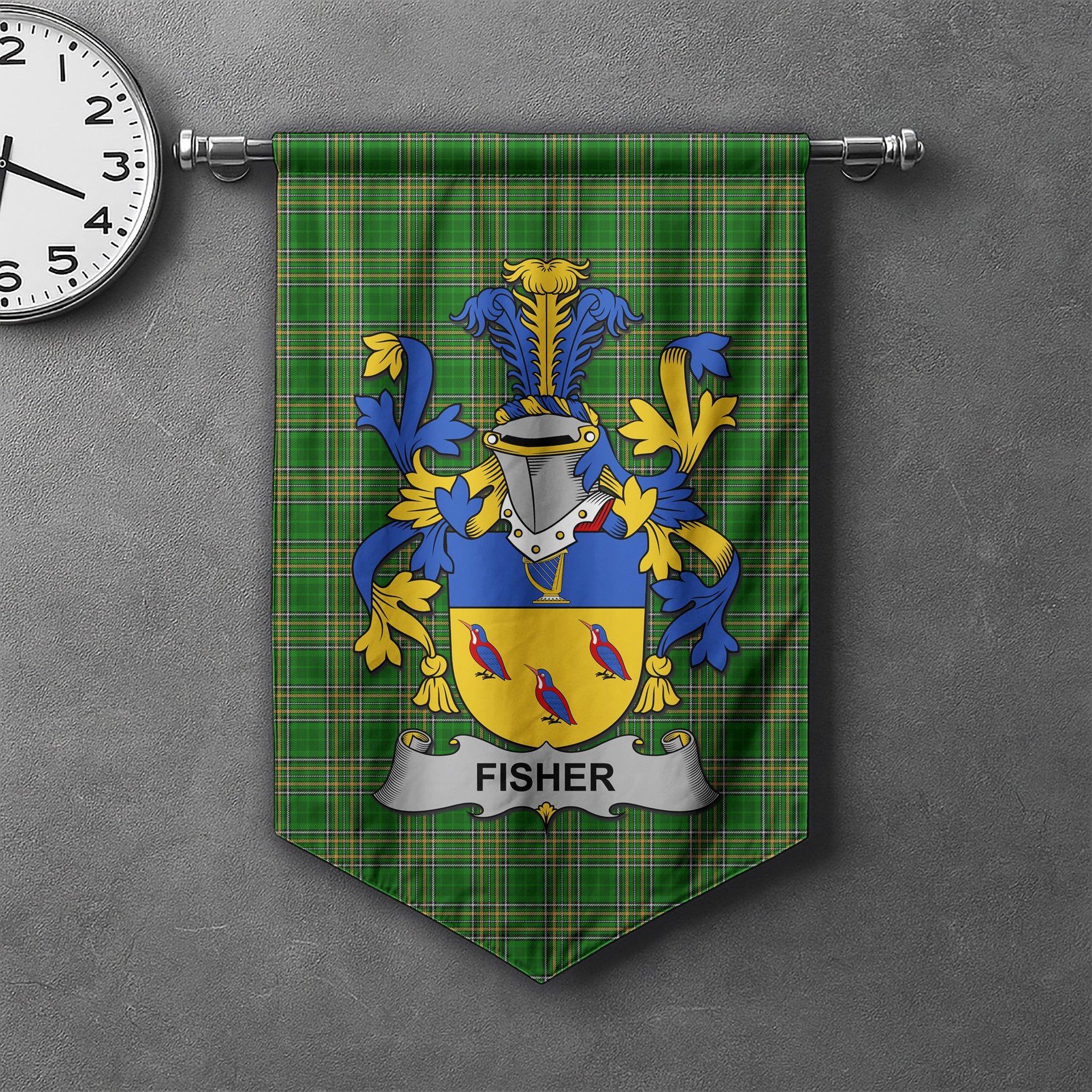 ScotsTee Shop Irish Fisher Clan Coat of Arms Irish Tartan Gonfalon Flag